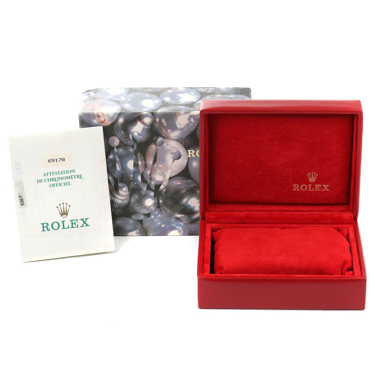 This image shows the presentation box, outer box, and official documents for the Rolex President 69178 Women
s Yellow Gold Champagne Dial 69178 Women
s Yellow Gold Champagne Dial model watch.