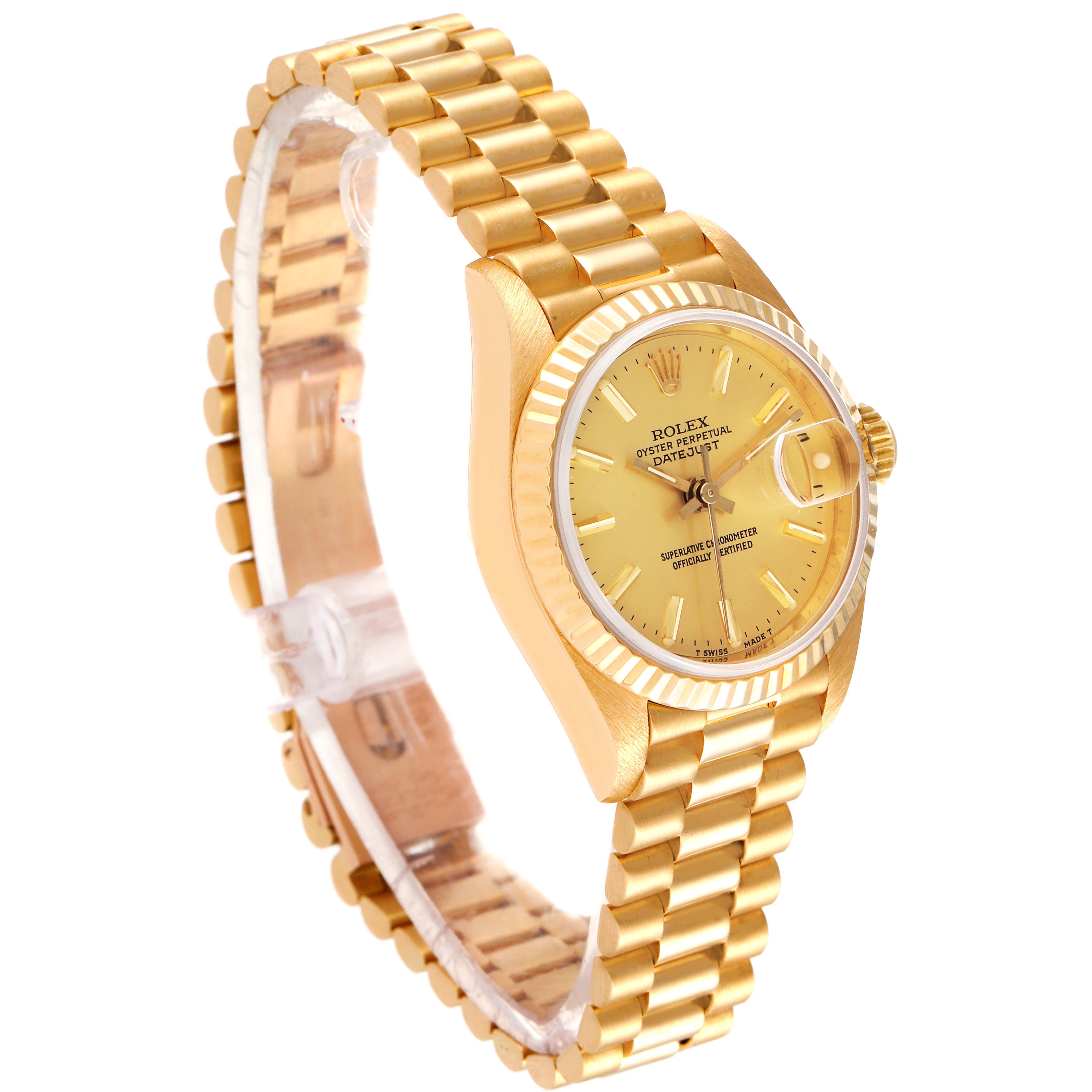 The Rolex President 69178 Women
s Yellow Gold Champagne Dial 69178 Women
s Yellow Gold Champagne Dial watch is displayed at an angle showing its gold case, dial, bezel, crown, and bracelet.