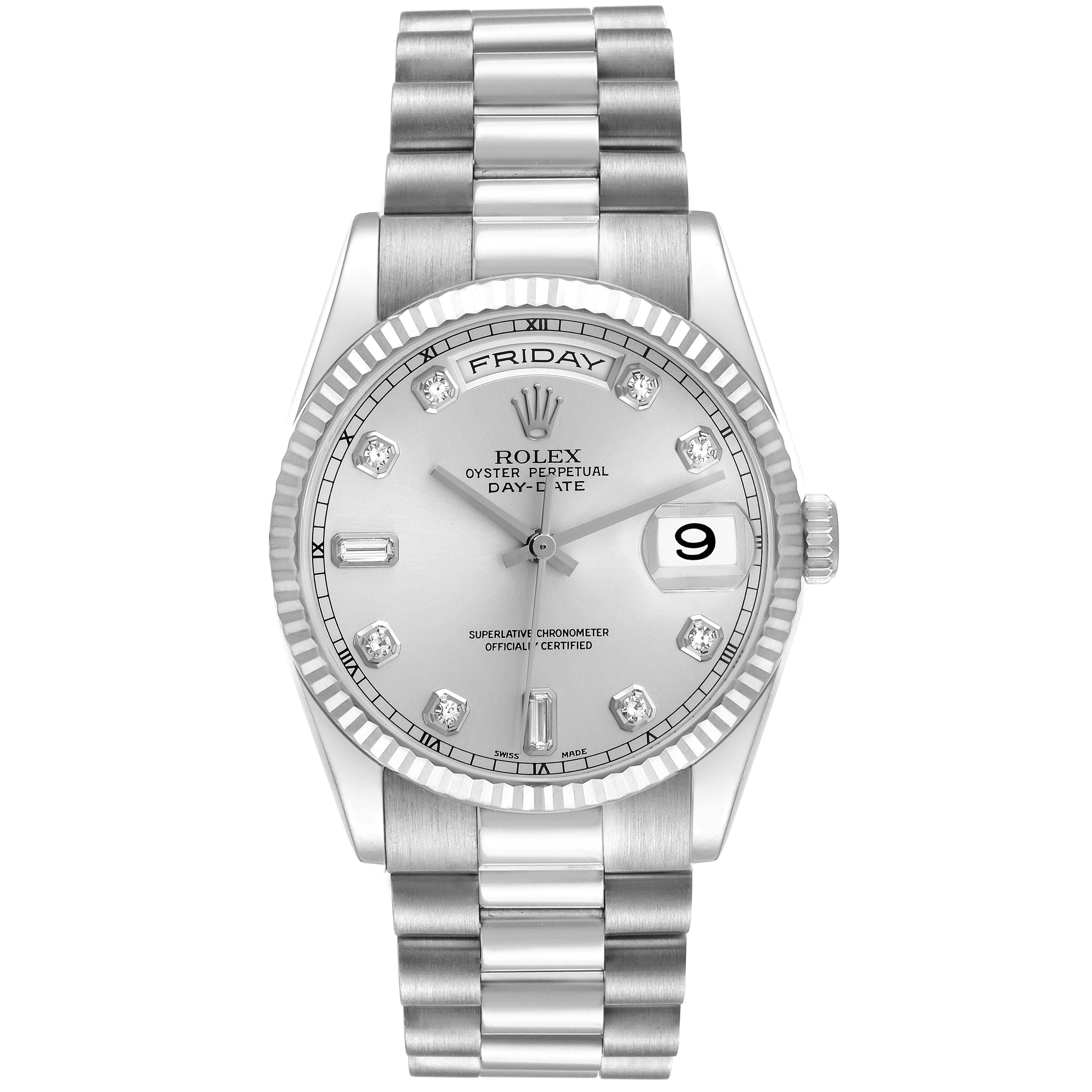 The image shows a front view of a Rolex President 118239A Men
s White Gold Silver Dial 118239A Men
s White Gold Silver Dial model watch, featuring the dial, bezel, and bracelet.
