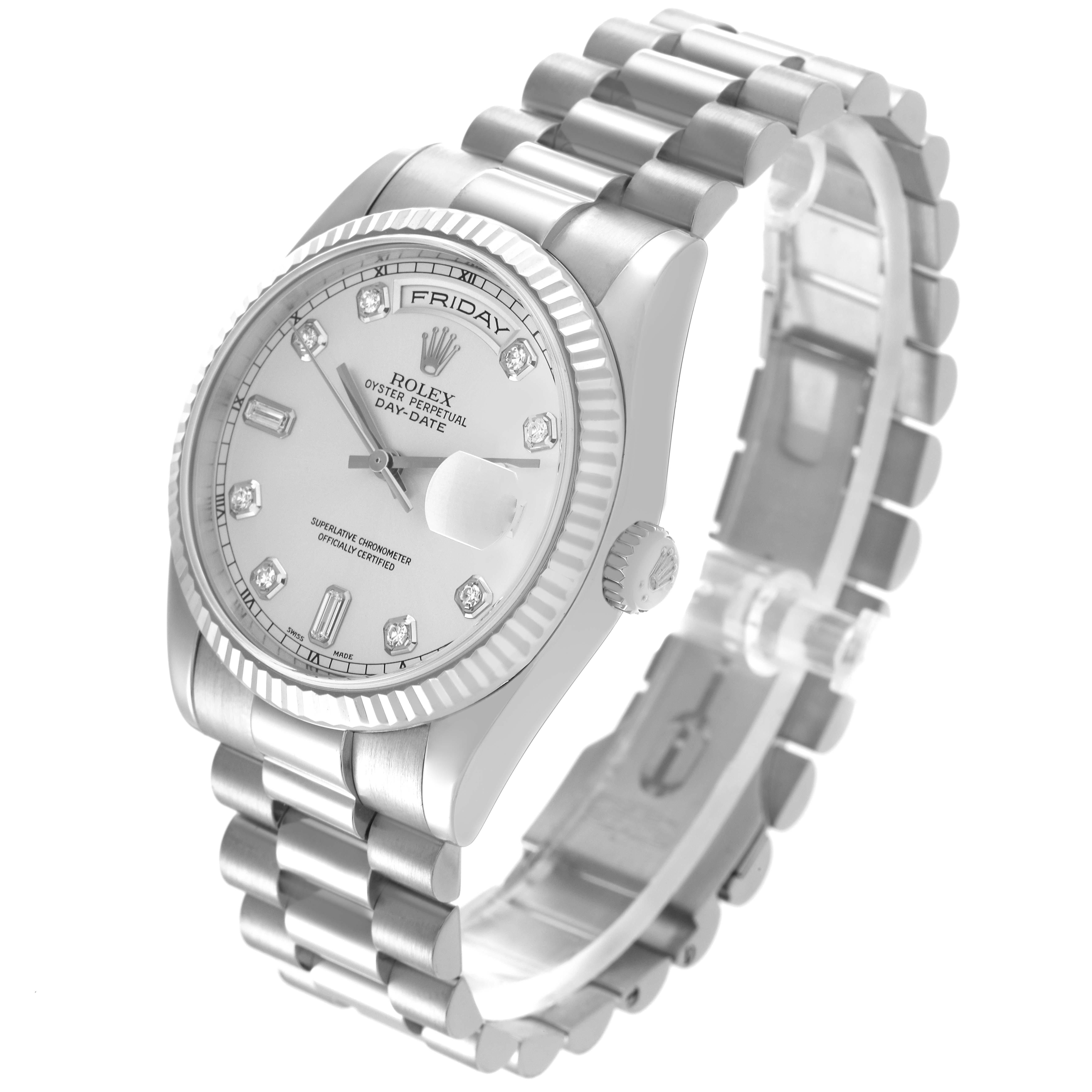 The Rolex President 118239A Men
s White Gold Silver Dial 118239A Men
s White Gold Silver Dial model is shown at a slight angle, highlighting the face, bezel, and part of the bracelet.