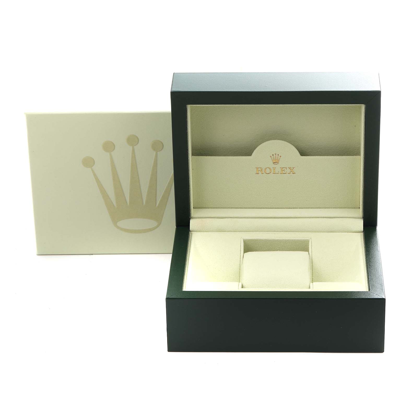 The image shows an open Rolex watch box for the President model, featuring the interior and logo.
