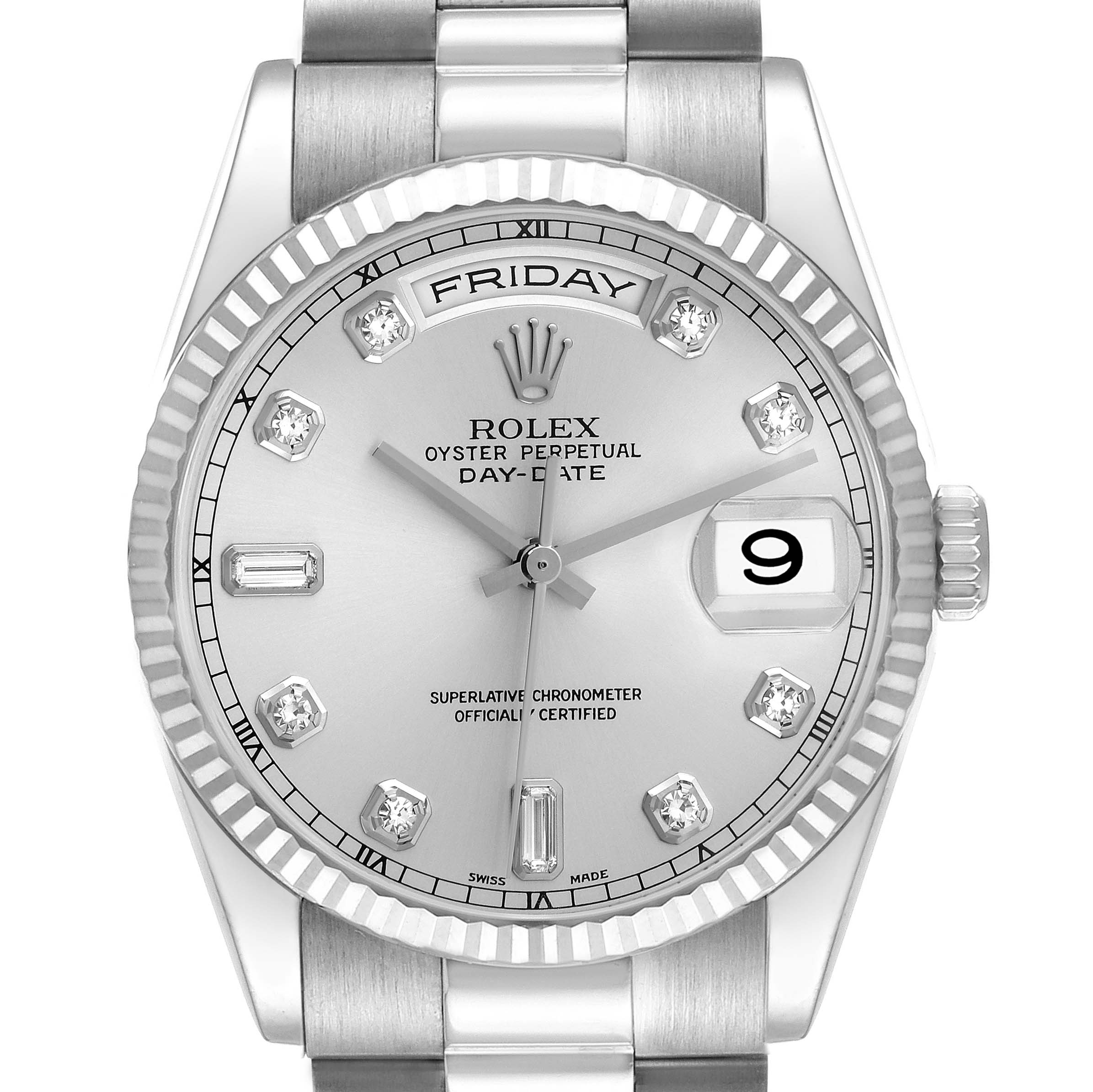 The image shows a frontal view of the Rolex President 118239A Men
s White Gold Silver Dial 118239A Men
s White Gold Silver Dial model, highlighting its silver dial, diamond hour markers, and fluted bezel.