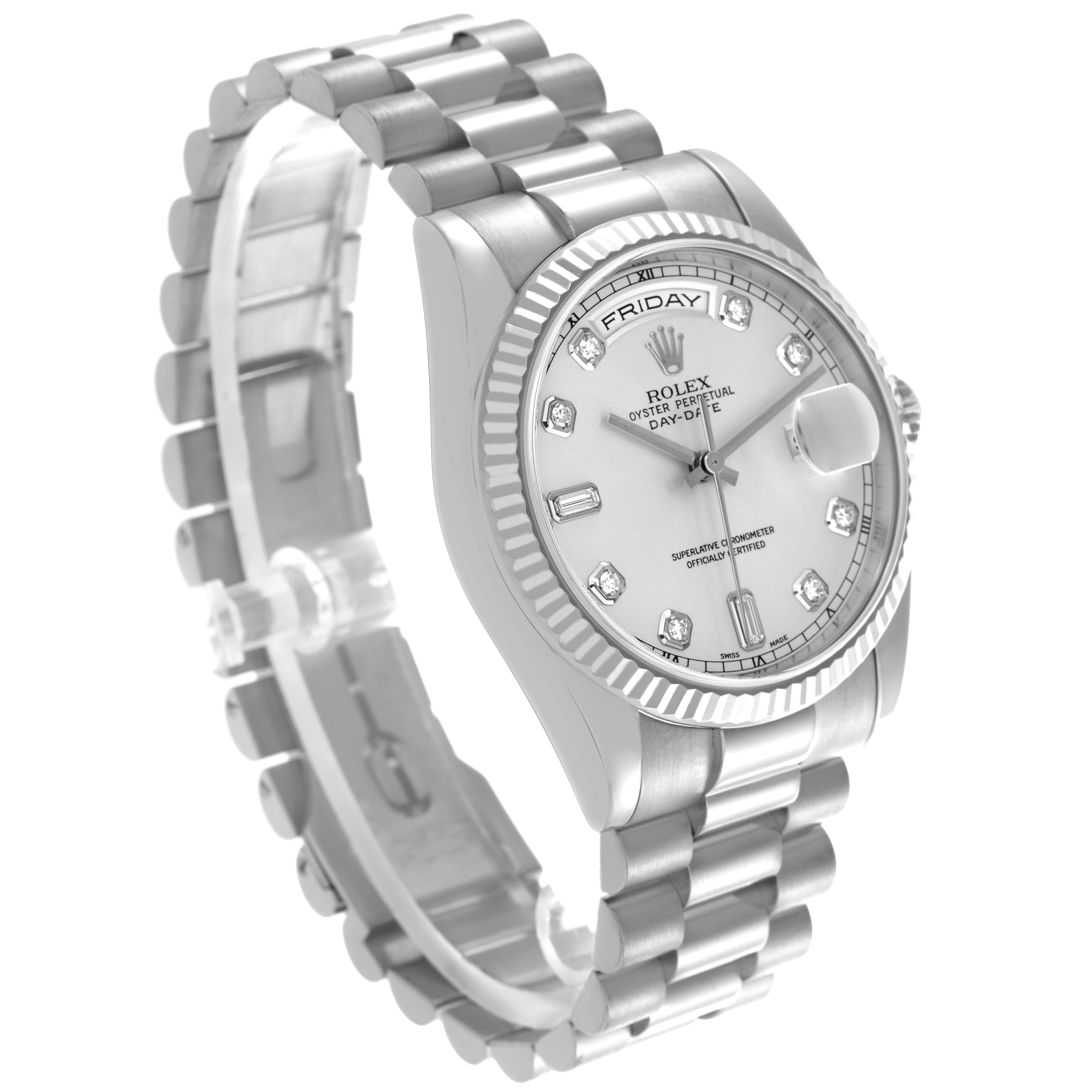 The image shows a Rolex President 118239A Men
s White Gold Silver Dial 118239A Men
s White Gold Silver Dial model at a three-quarter angle, highlighting the bracelet, dial, and fluted bezel.