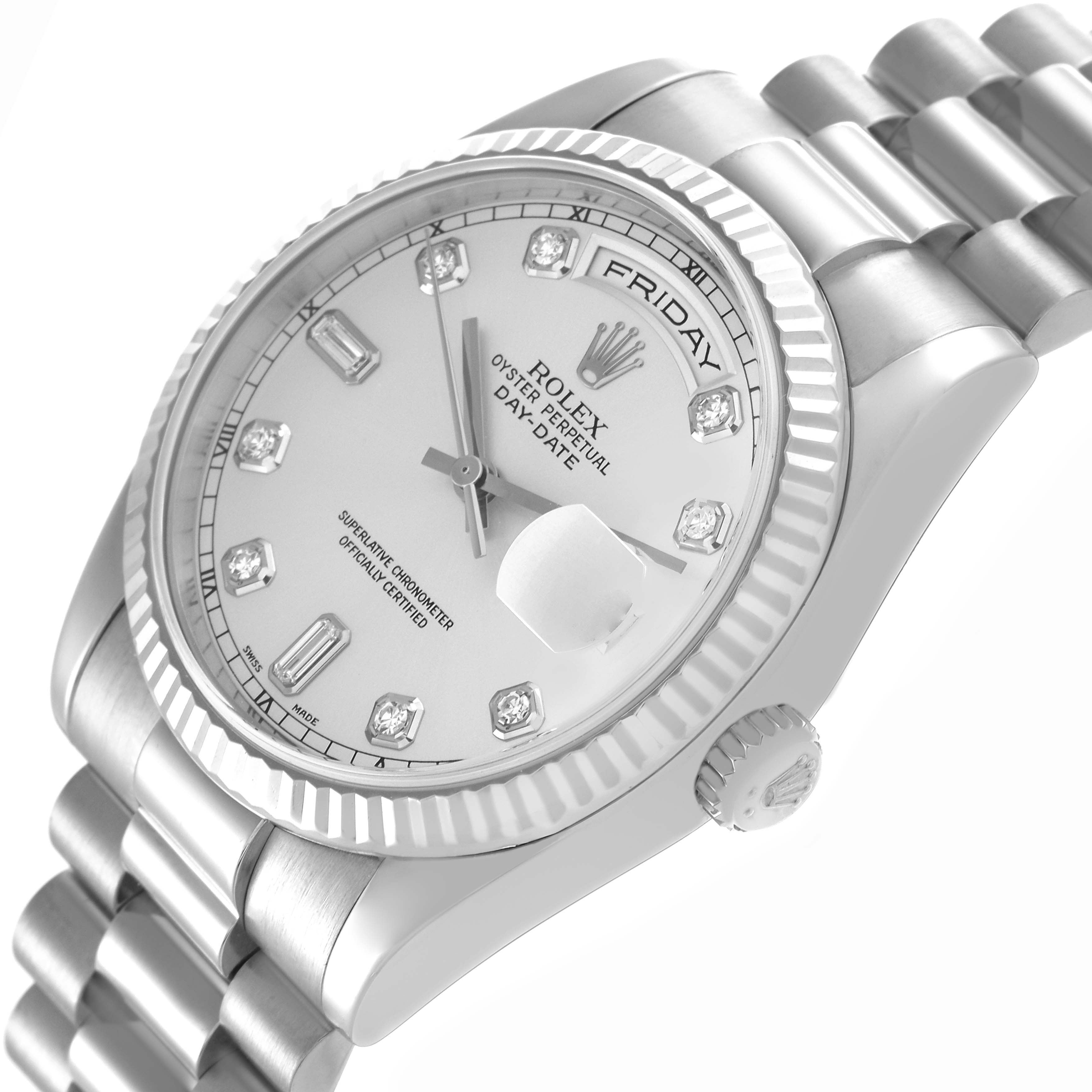 The Rolex President 118239A Men
s White Gold Silver Dial 118239A Men
s White Gold Silver Dial model is shown at a slight angle, highlighting the dial, day window, crown, and part of the bracelet.