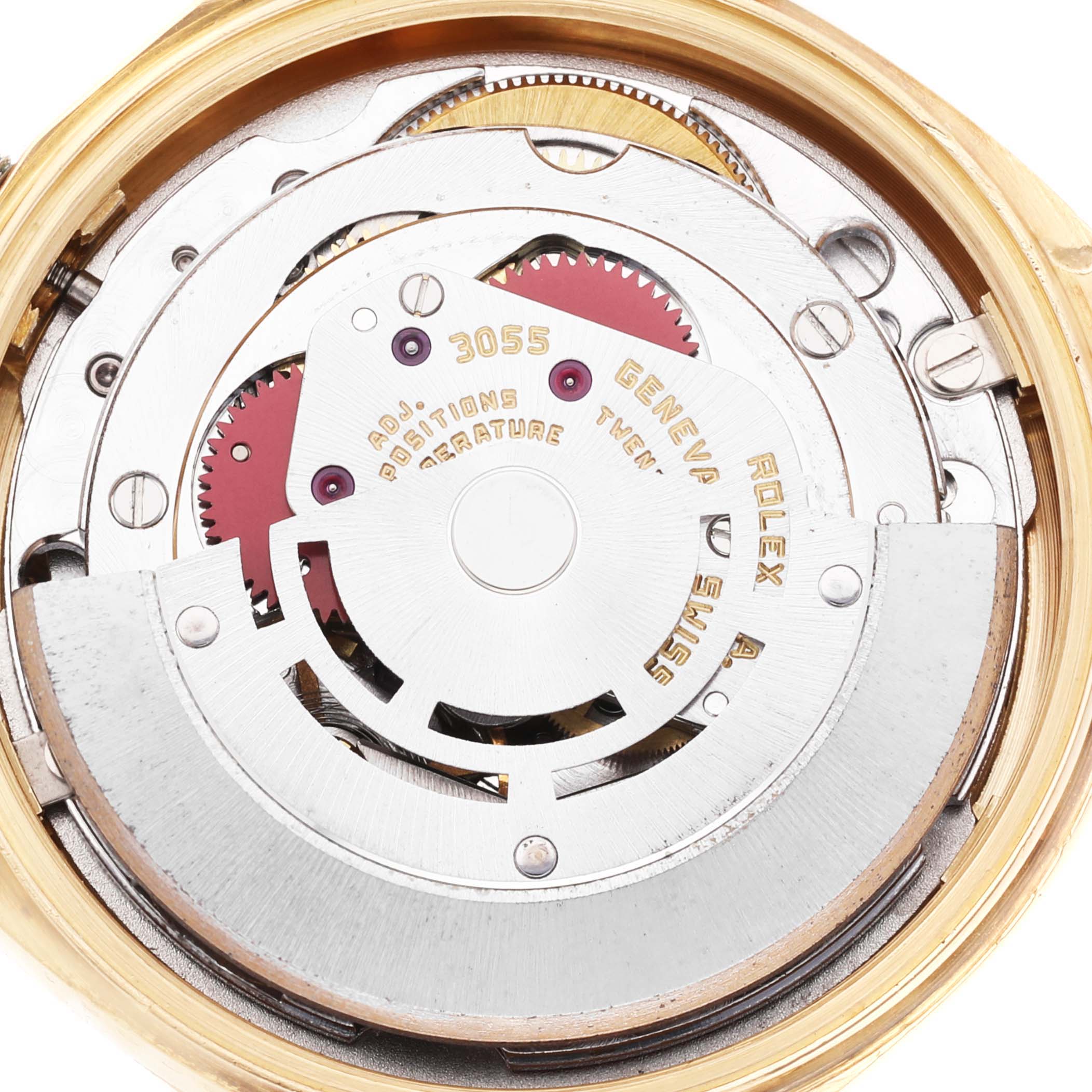 This image shows the internal mechanism of a Rolex President 18078 Men
s Yellow Gold Champagne Dial 18078 Men
s Yellow Gold Champagne Dial model watch, focusing on the movement and gears.