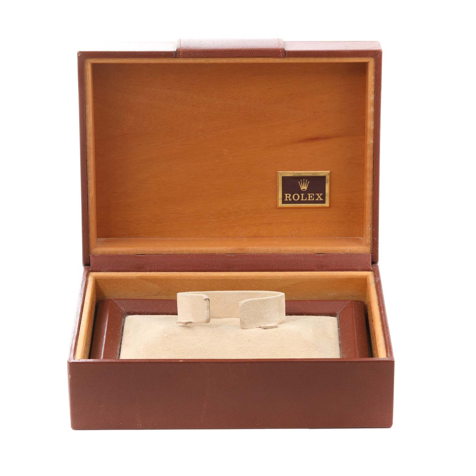 The image shows a wooden Rolex watch box for the President model, open and empty.