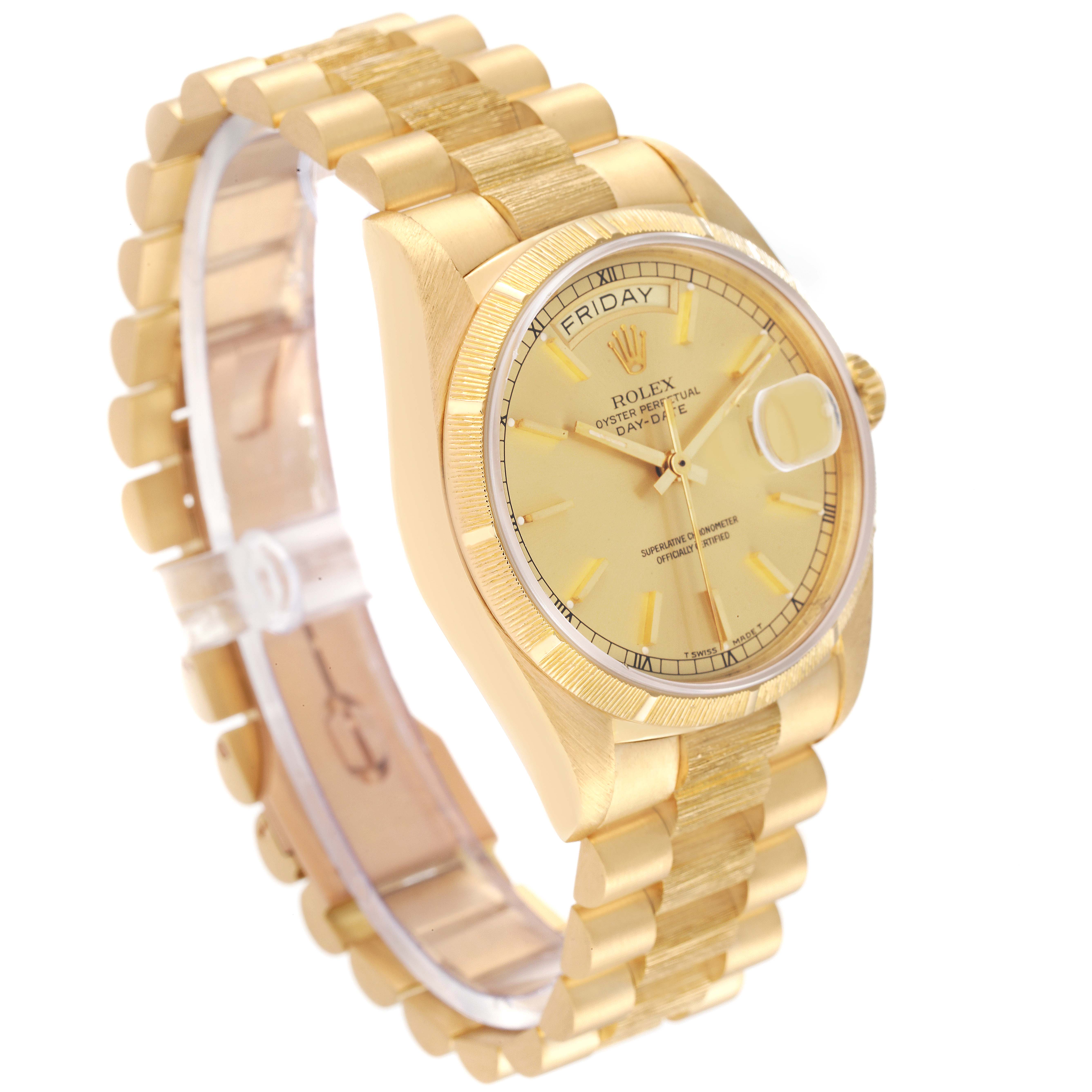 The image shows a side-angle view of the Rolex President 18078 Men
s Yellow Gold Champagne Dial 18078 Men
s Yellow Gold Champagne Dial model watch, highlighting its gold case, bracelet, and face.