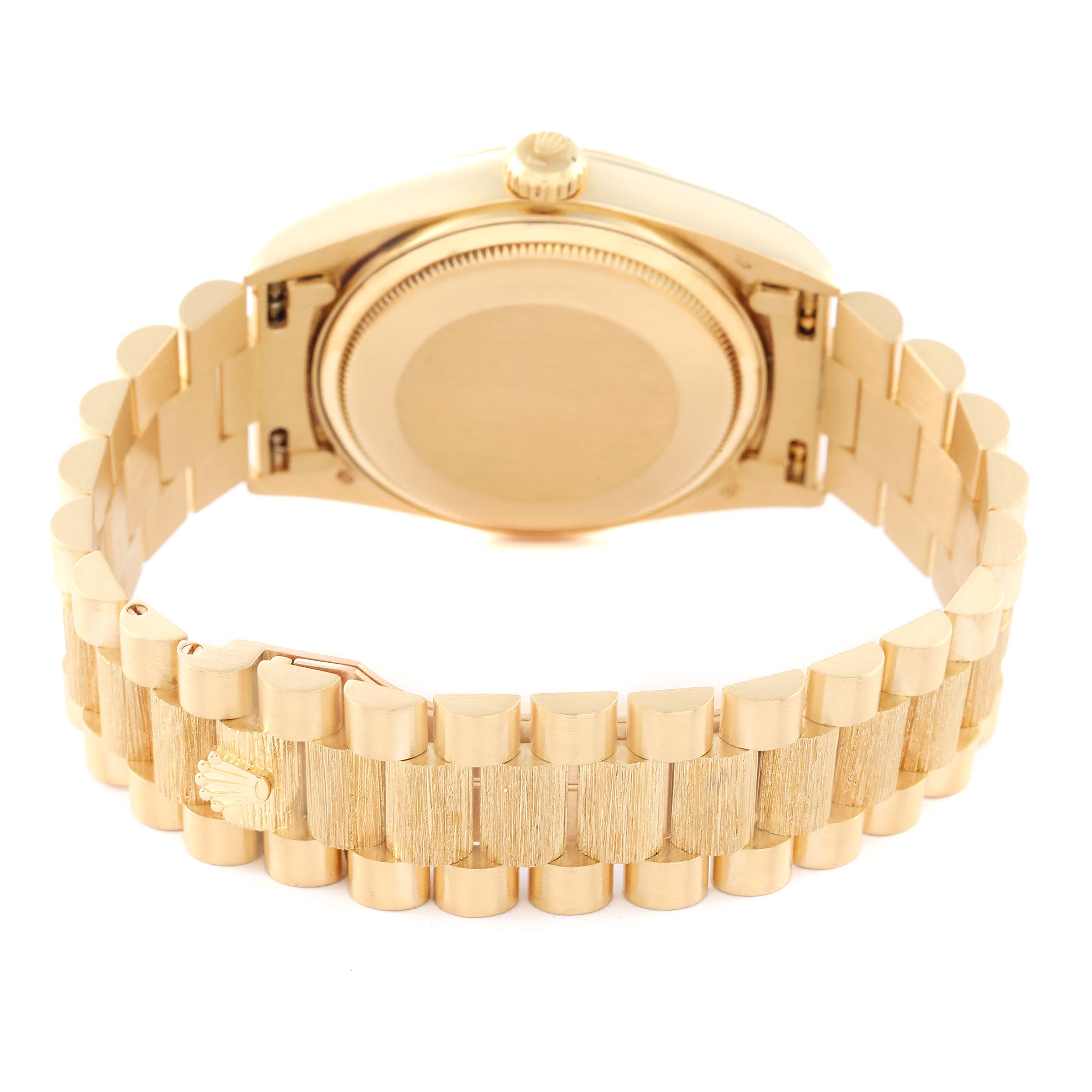 The image shows the backside and bracelet of the Rolex President 18078 Men
s Yellow Gold Champagne Dial 18078 Men
s Yellow Gold Champagne Dial model watch with the clasp and lug areas visible.