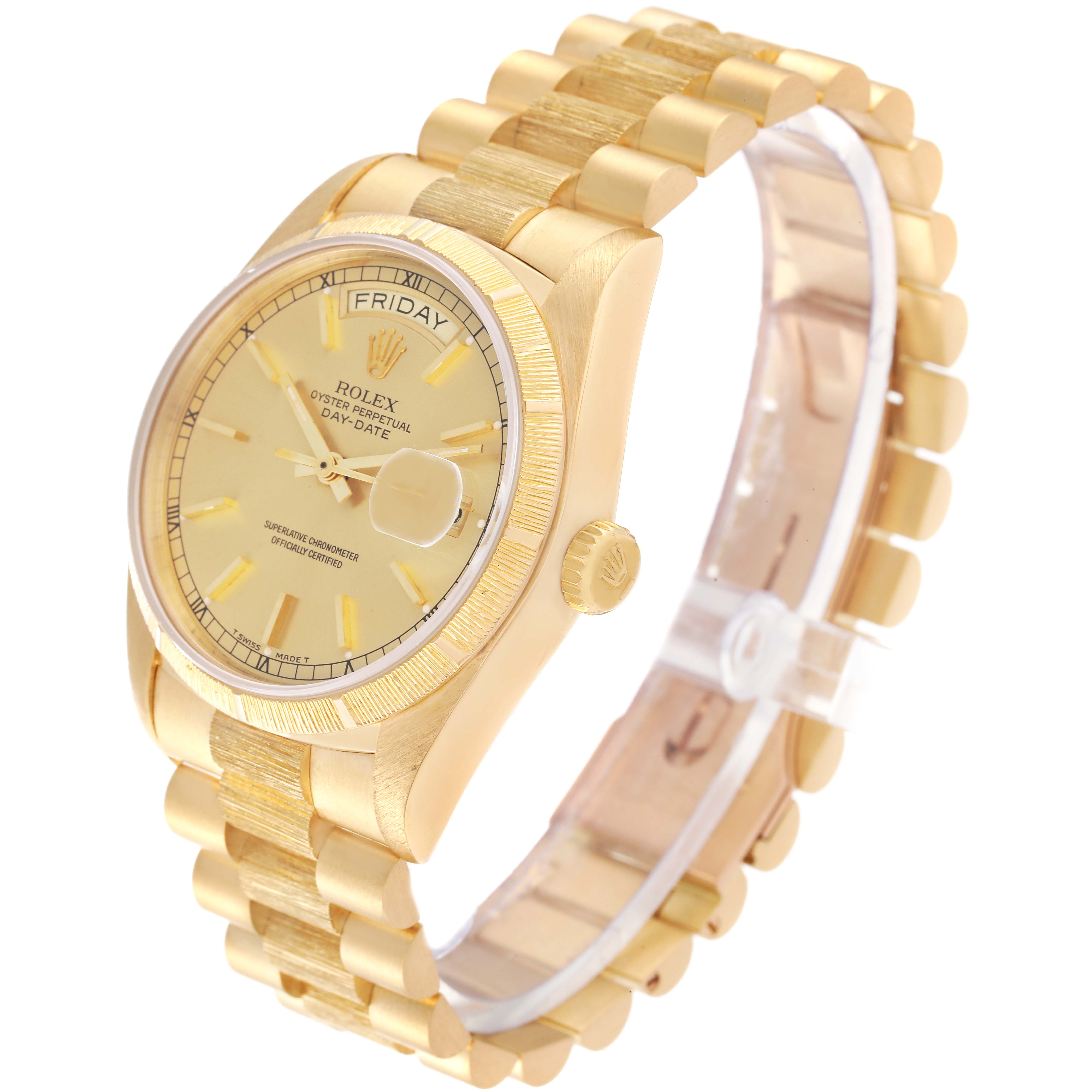 This image shows a Rolex President 18078 Men
s Yellow Gold Champagne Dial 18078 Men
s Yellow Gold Champagne Dial model watch at a slight angle, highlighting the dial, bezel, bracelet, and crown.