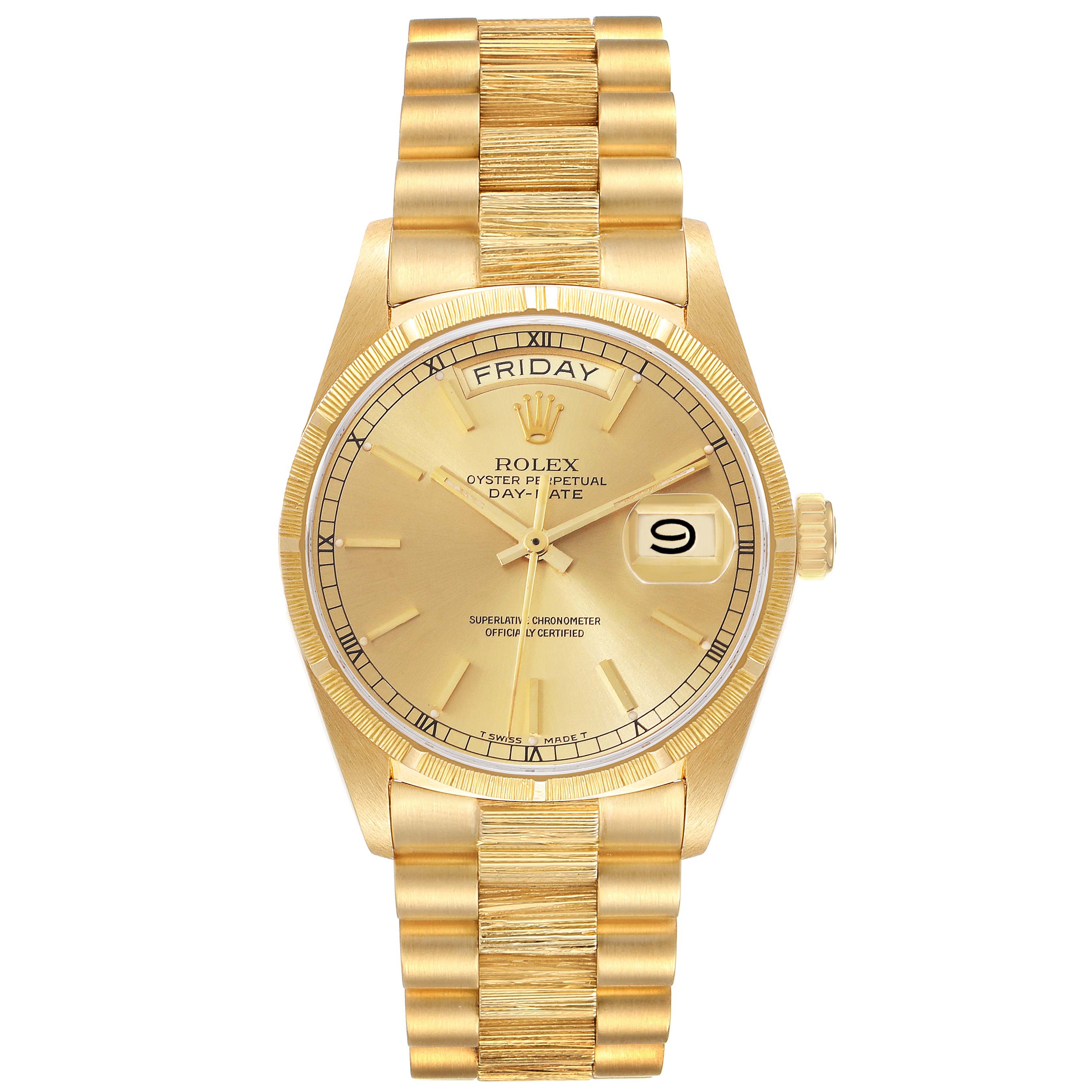 The image shows a front view of a gold Rolex President 18078 Men
s Yellow Gold Champagne Dial 18078 Men
s Yellow Gold Champagne Dial model watch, displaying the dial, hands, and bracelet.