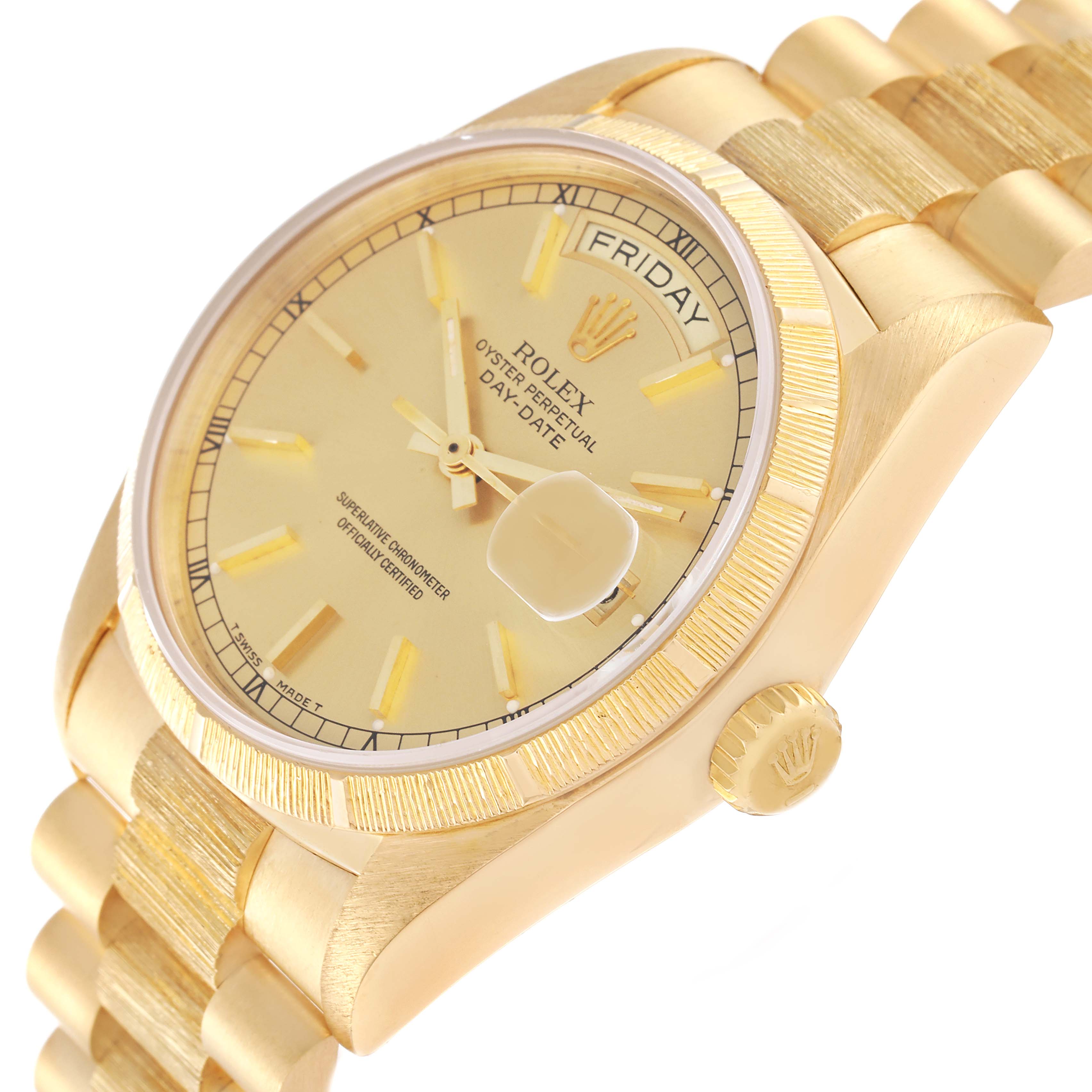 This image shows a side angle view of the Rolex President 18078 Men
s Yellow Gold Champagne Dial 18078 Men
s Yellow Gold Champagne Dial model, focusing on the watch face, crown, and bracelet.