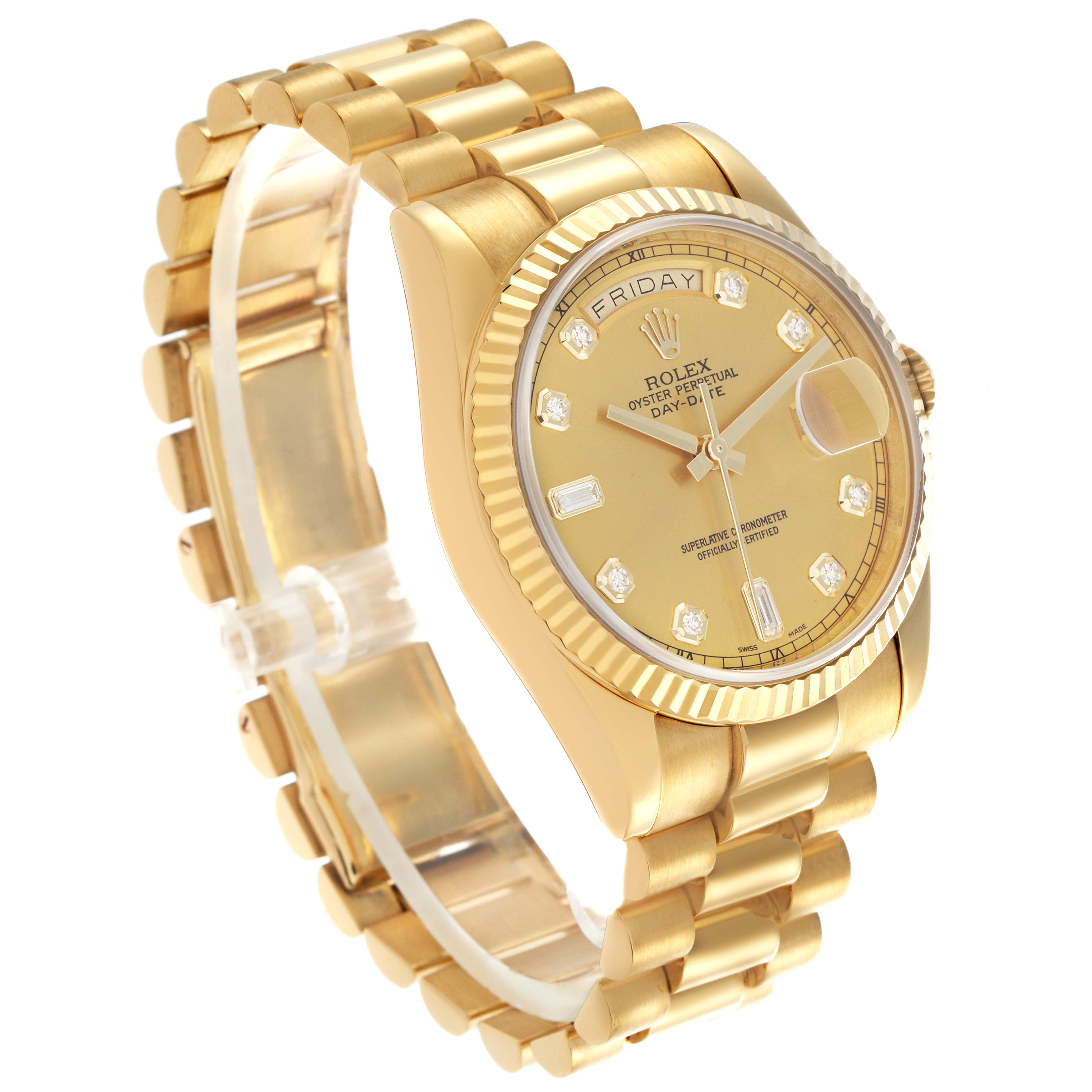 The Rolex President 118238 Men's Yellow Gold Champagne Dial 118238 Men's Yellow Gold Champagne Dial model is shown at a three-quarter angle, displaying the dial, fluted bezel, and bracelet.