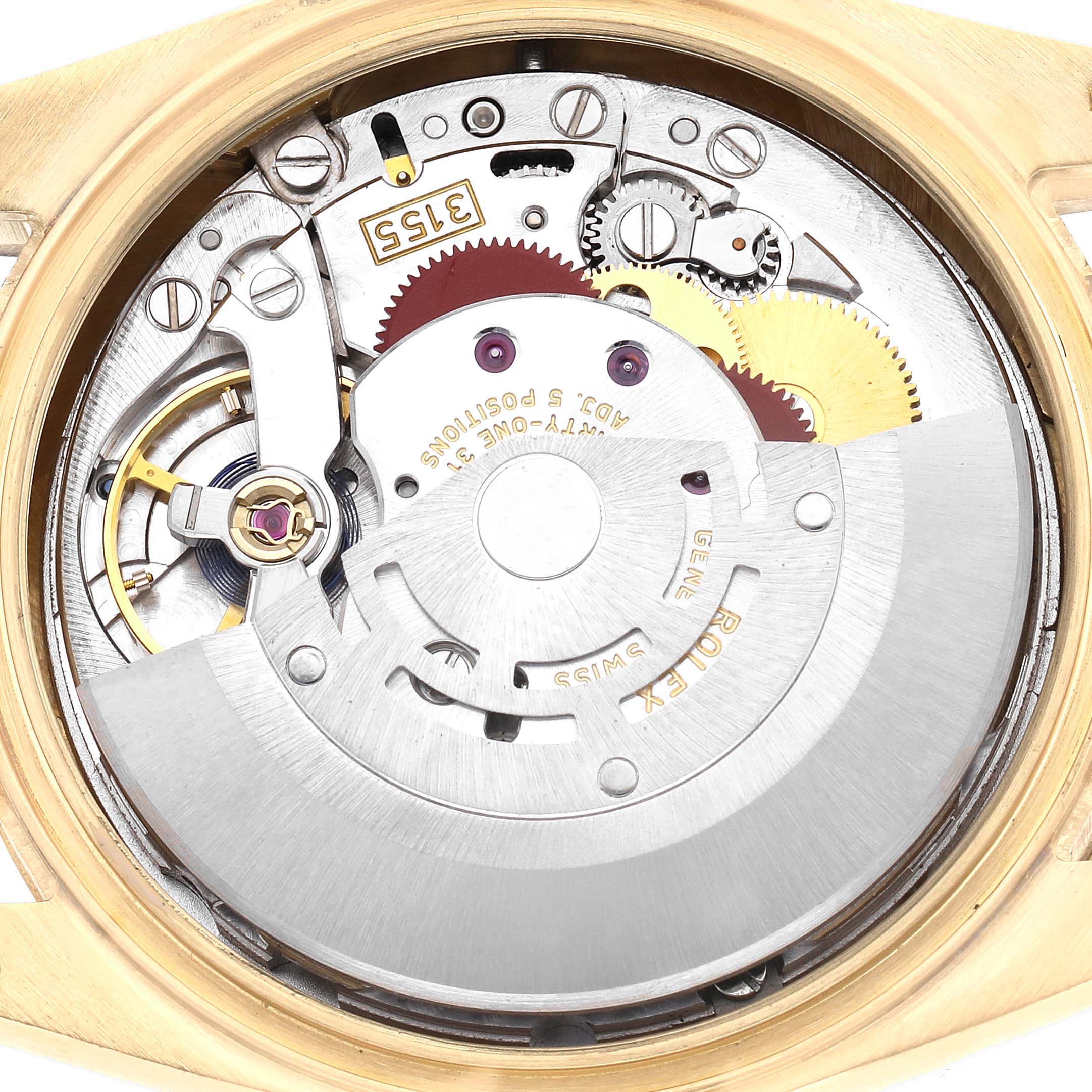 This image shows the open case back, revealing the intricate movement of the Rolex President 118238 Men's Yellow Gold Champagne Dial 118238 Men's Yellow Gold Champagne Dial watch.