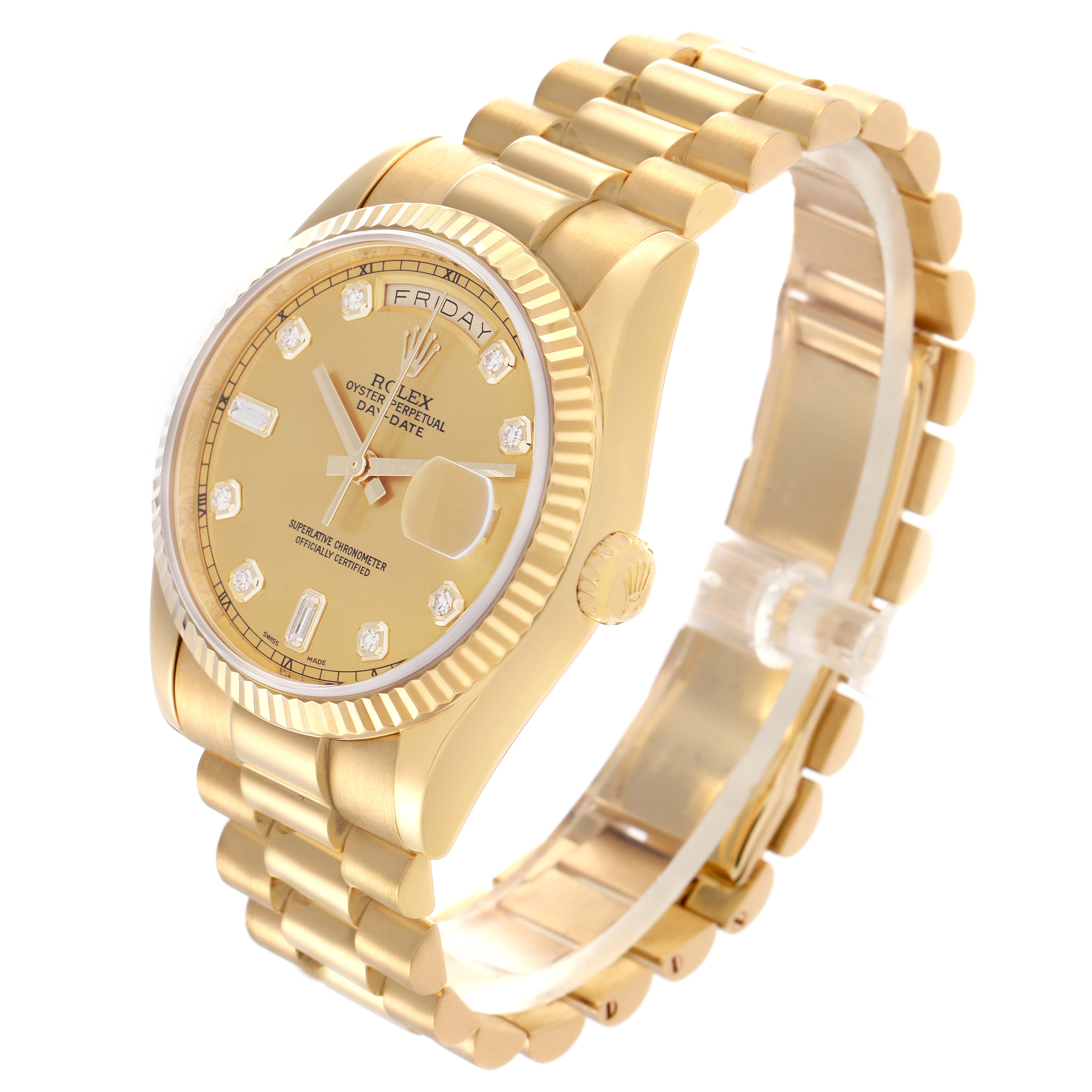 The Rolex President 118238 Men's Yellow Gold Champagne Dial 118238 Men's Yellow Gold Champagne Dial model watch is shown at a side angle, displaying the dial, bracelet, and crown.