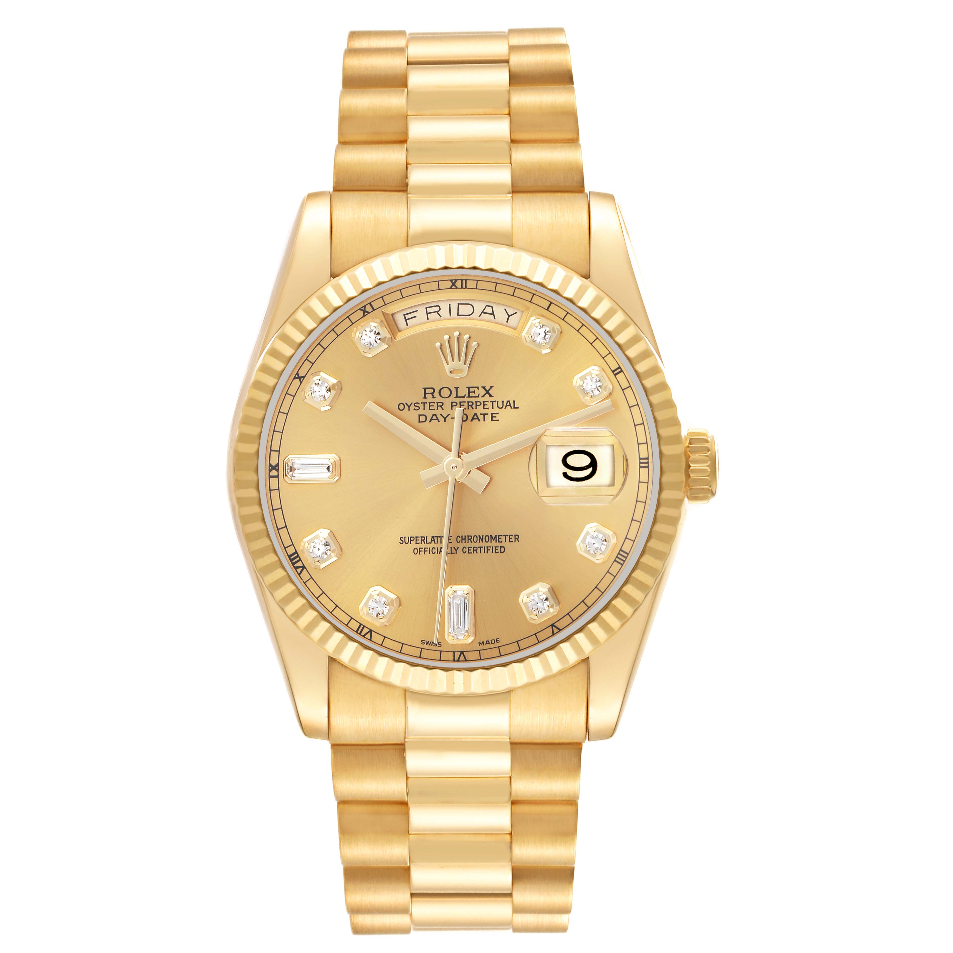 The Rolex President 118238 Men's Yellow Gold Champagne Dial 118238 Men's Yellow Gold Champagne Dial model is shown from a frontal angle, displaying the bracelet, bezel, dial with diamond markers, and date window.