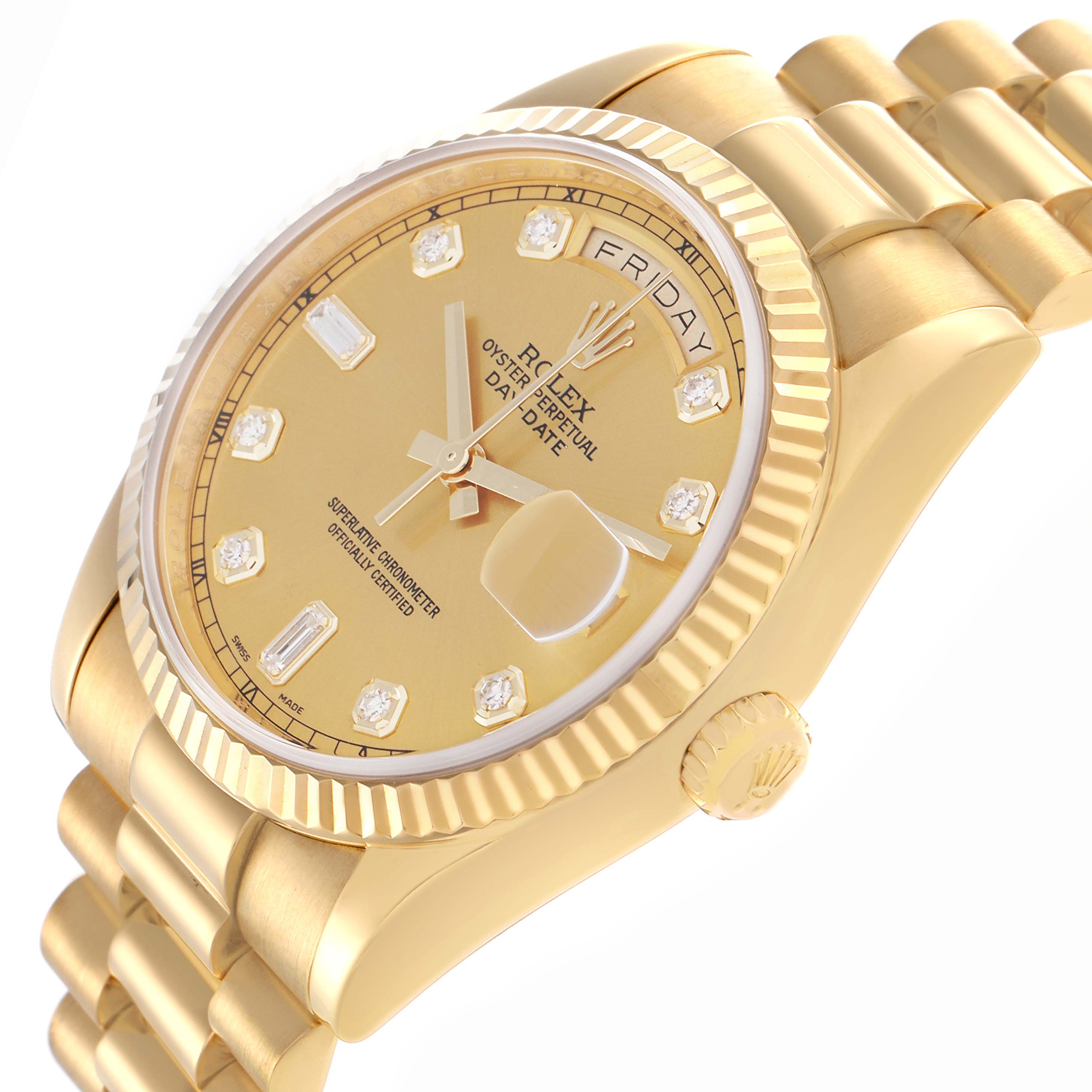 The Rolex President 118238 Men's Yellow Gold Champagne Dial 118238 Men's Yellow Gold Champagne Dial watch is shown at a side angle highlighting the bracelet, bezel, crown, and dial.