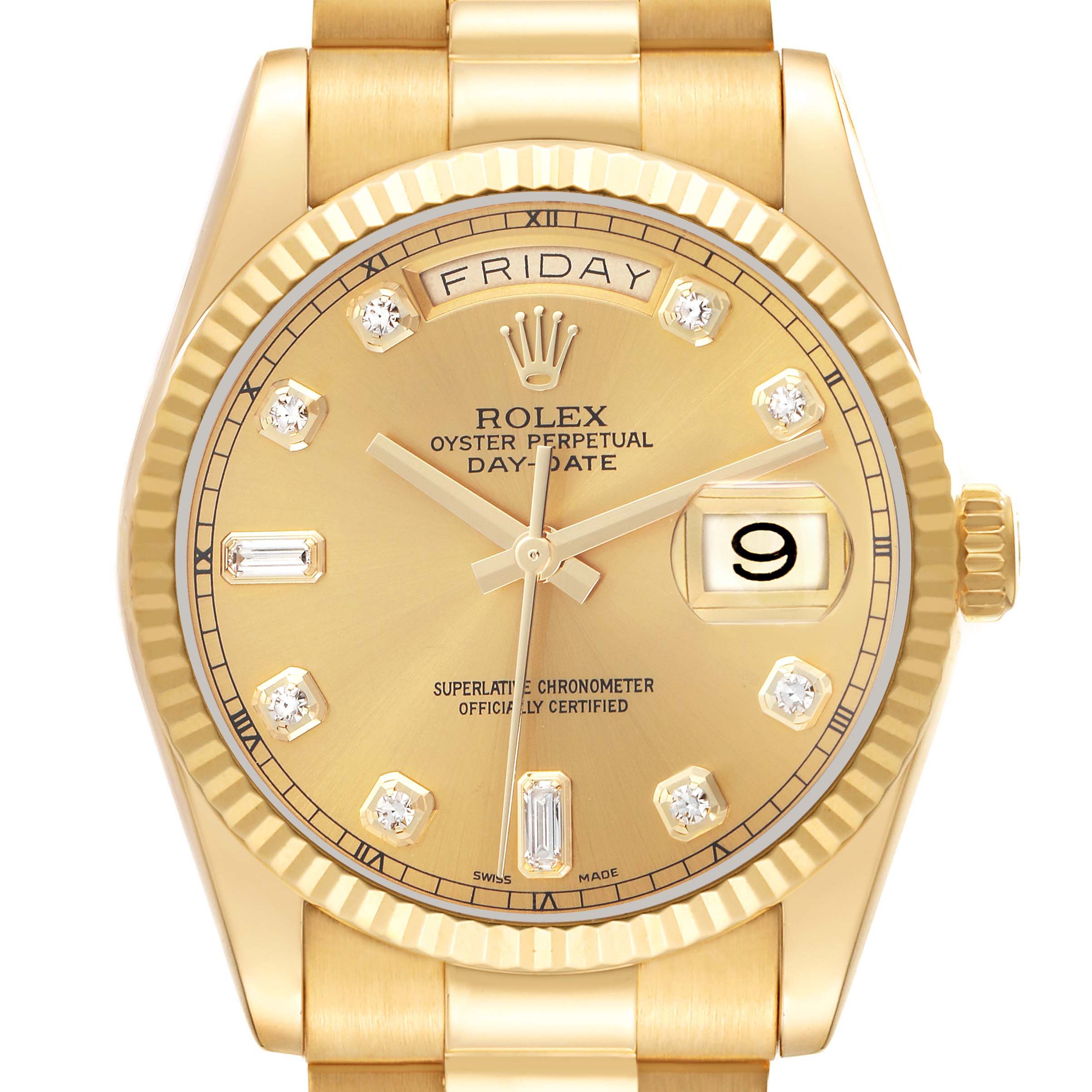 The Rolex President 118238 Men's Yellow Gold Champagne Dial 118238 Men's Yellow Gold Champagne Dial model is shown from a top-down angle, highlighting the dial, bezel, crown, and part of the bracelet.