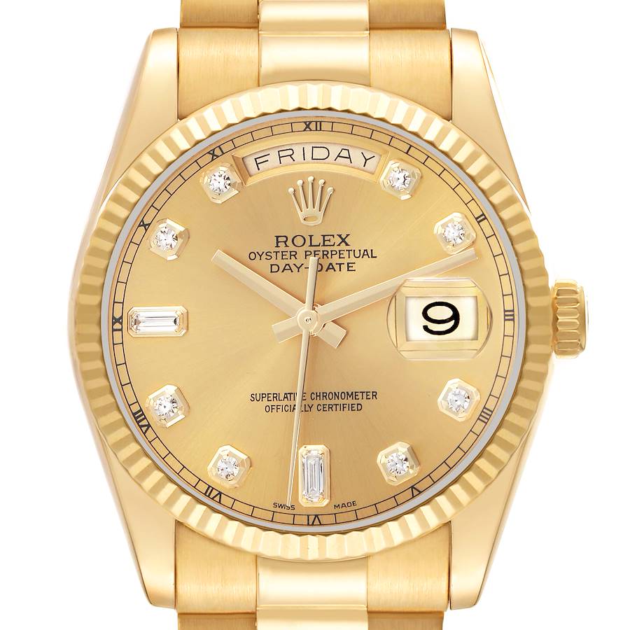 The Rolex President model is shown from a top-down angle, highlighting the dial, bezel, crown, and part of the bracelet.