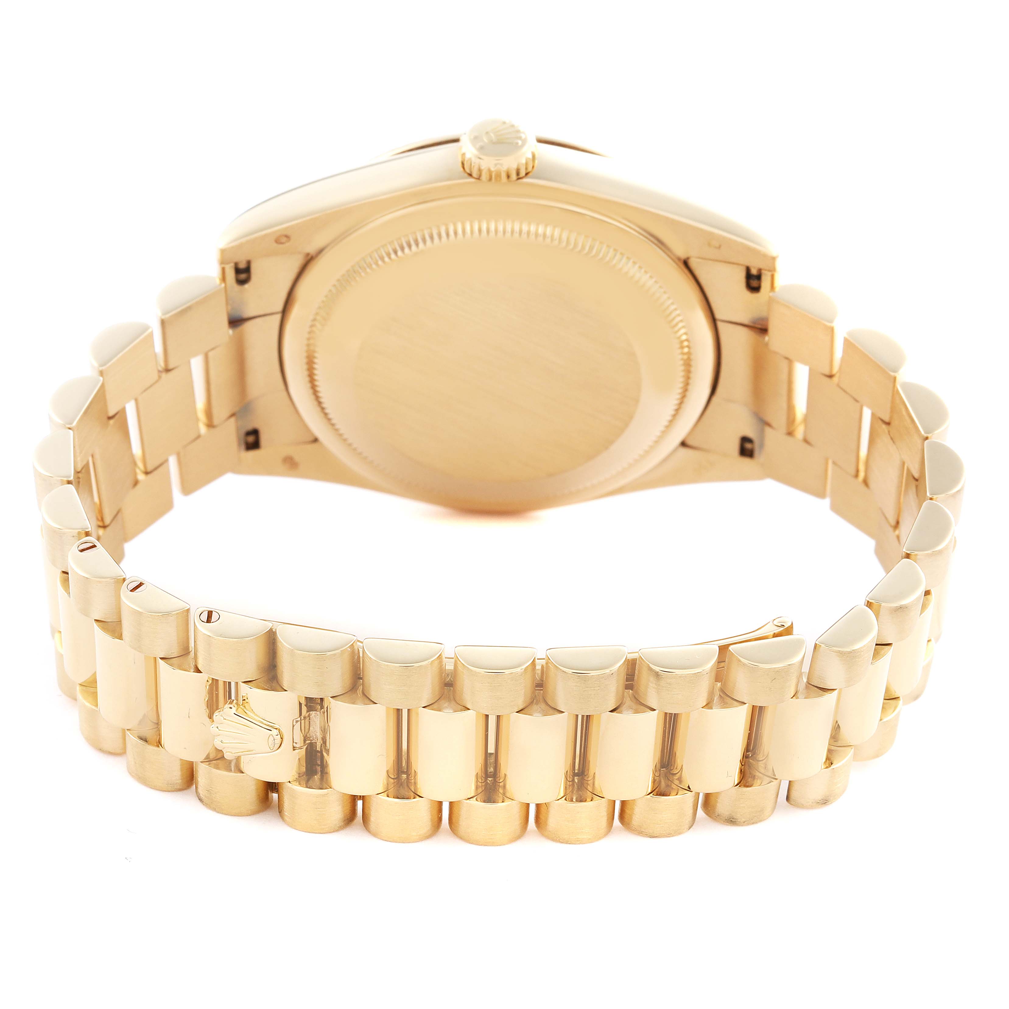 The image shows the back and bracelet of a Rolex President 118238 Men's Yellow Gold Champagne Dial 118238 Men's Yellow Gold Champagne Dial model, highlighting the case back and the signature clasp.