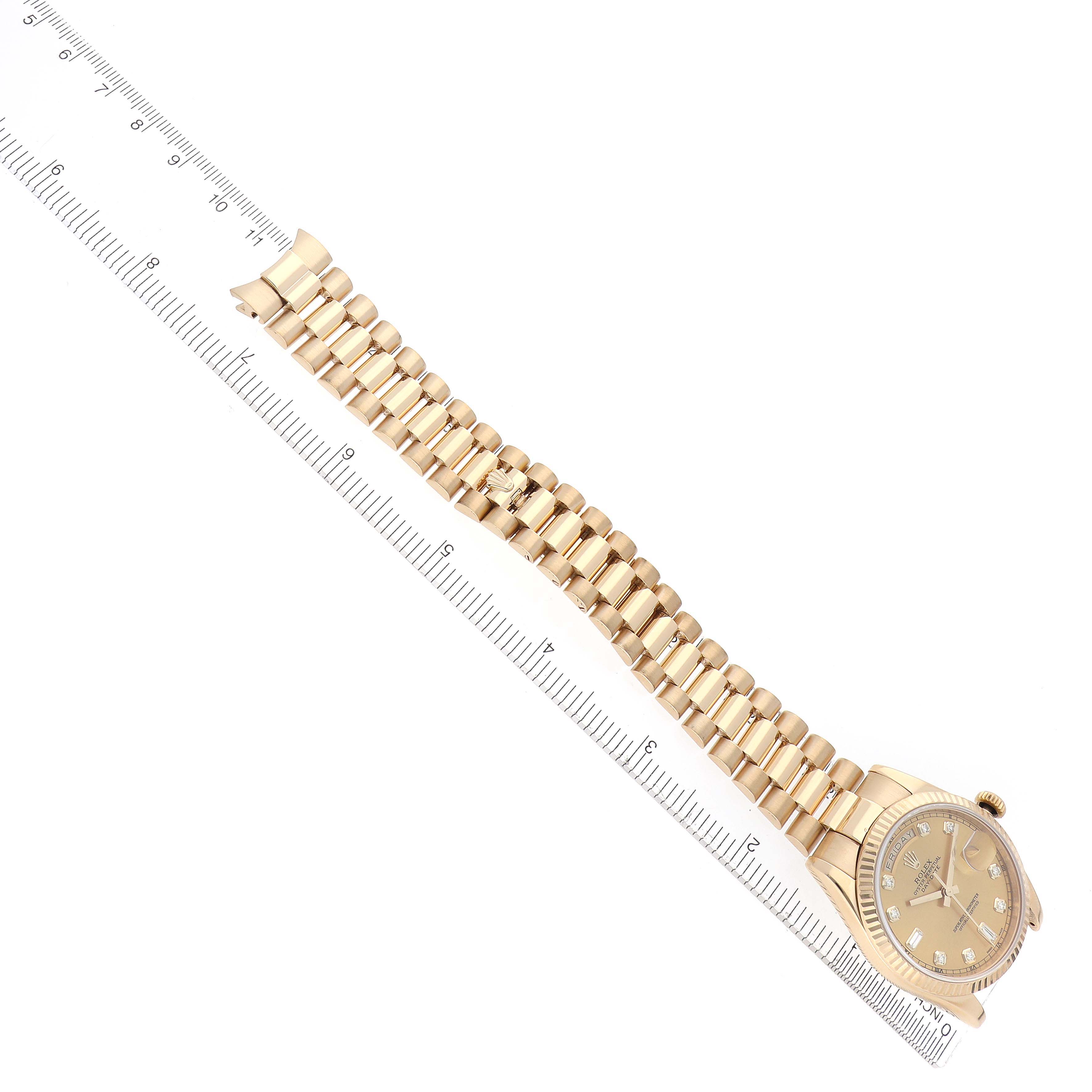 The Rolex President 118238 Men's Yellow Gold Champagne Dial 118238 Men's Yellow Gold Champagne Dial watch is shown from a top-down angle with its full bracelet and dial visible.