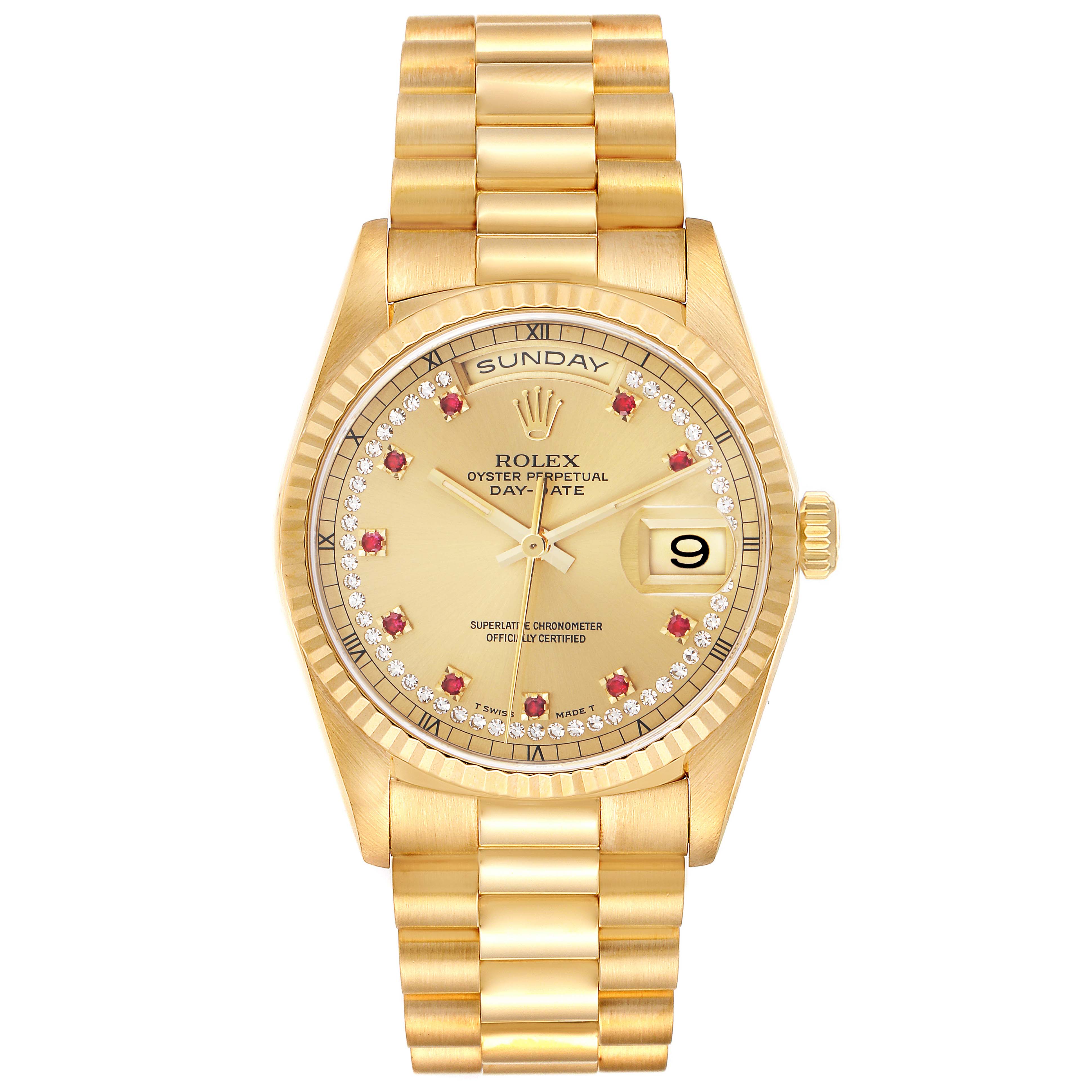 The Rolex President 18238 Men
s Yellow Gold Champagne Dial 18238 Men
s Yellow Gold Champagne Dial model watch is shown from the front, displaying the face, bezel, bracelet, and day-date features.