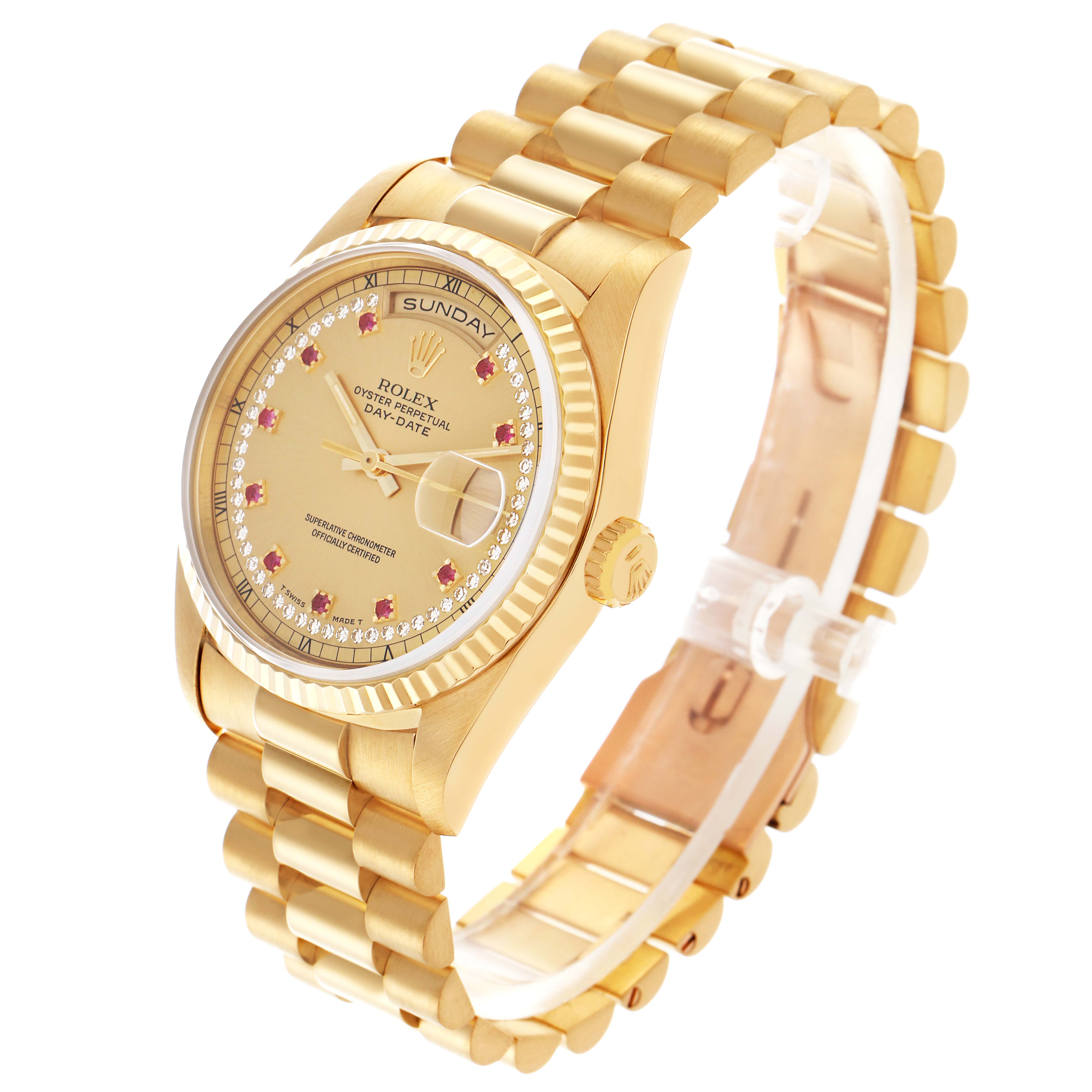 The image shows a Rolex President 18238 Men
s Yellow Gold Champagne Dial 18238 Men
s Yellow Gold Champagne Dial model watch at a three-quarter angle, displaying the face, crown, bezel, and bracelet.