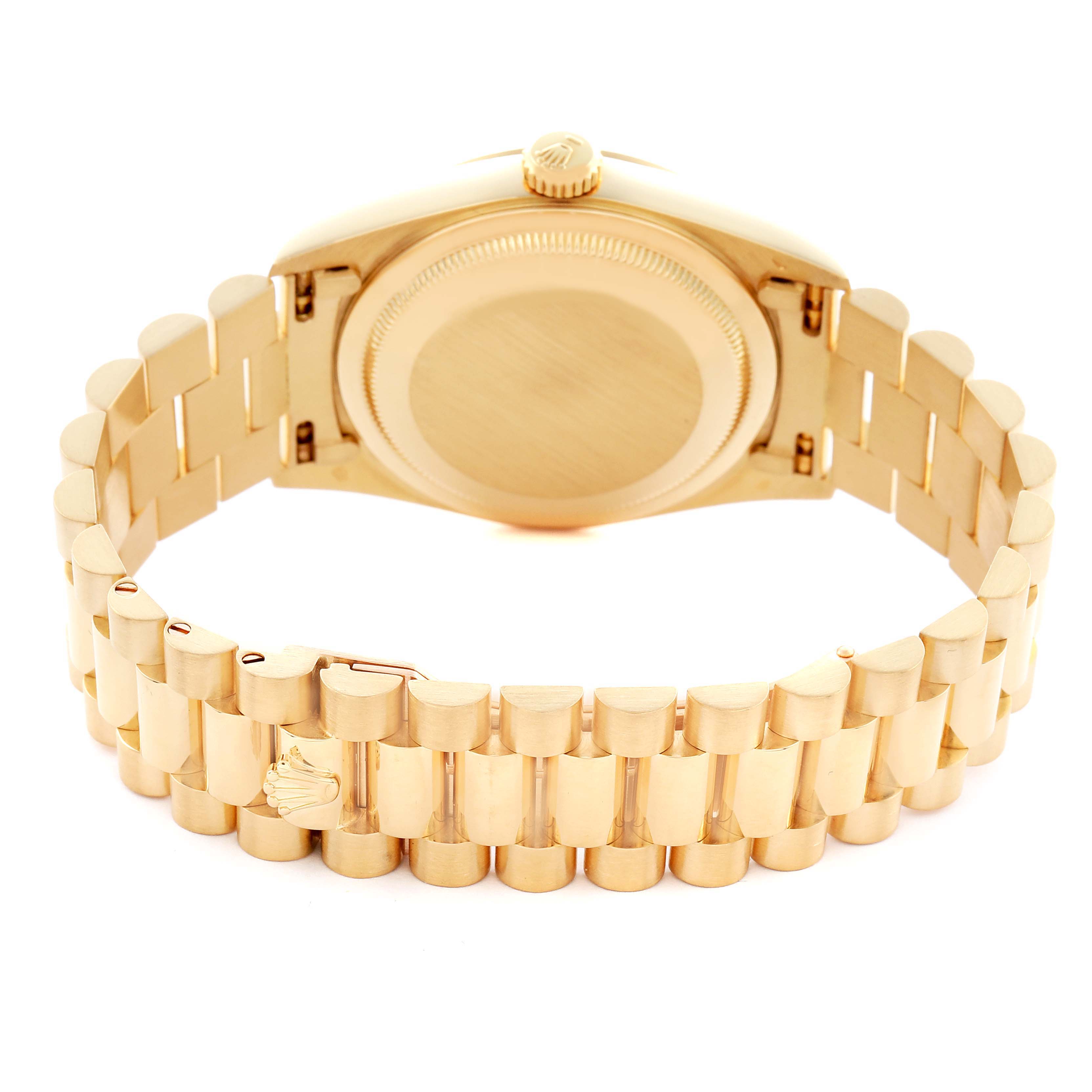 The image shows the back of the Rolex President 18238 Men
s Yellow Gold Champagne Dial 18238 Men
s Yellow Gold Champagne Dial model, highlighting the case, crown, and bracelet from a rear angle.