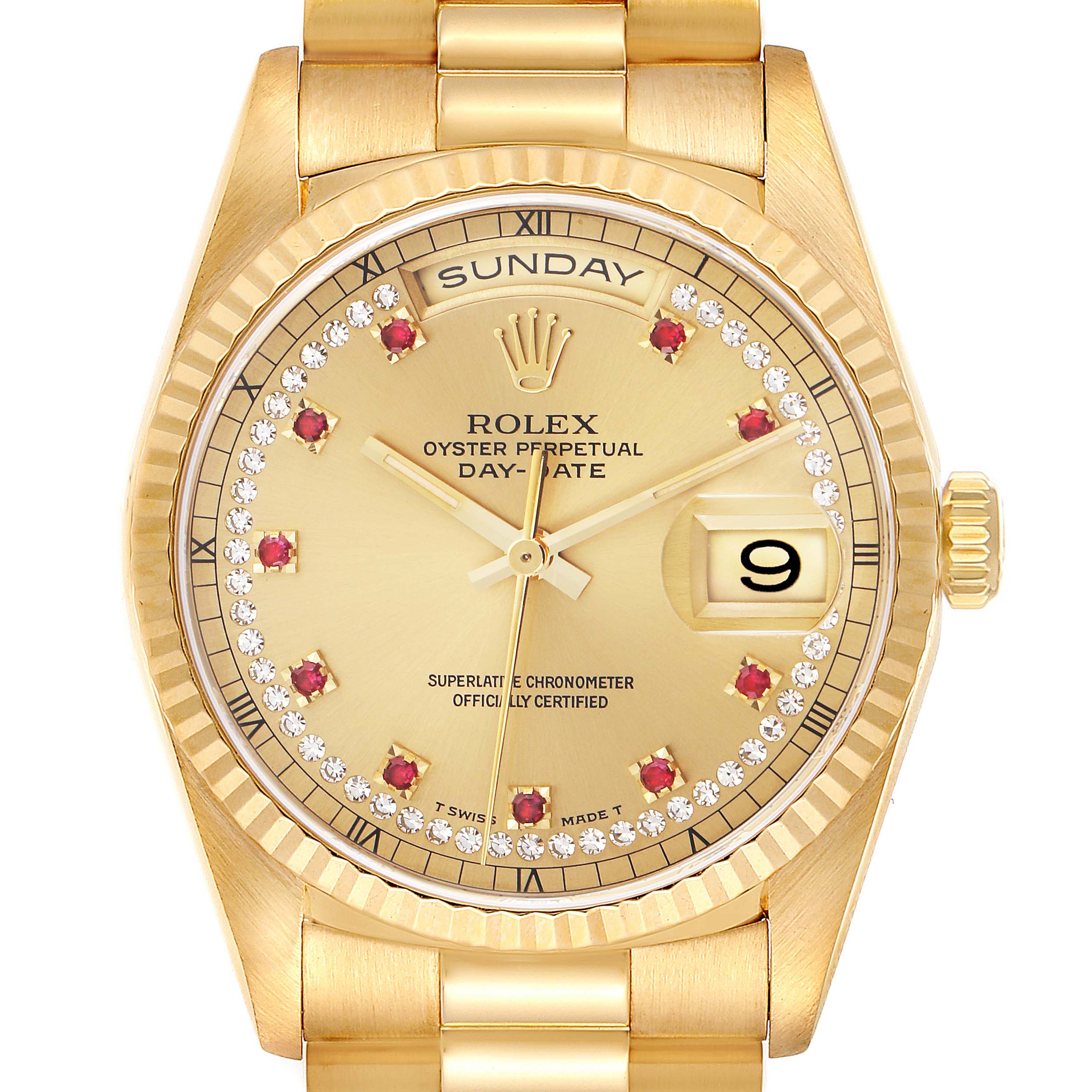 The image shows a Rolex President 18238 Men
s Yellow Gold Champagne Dial 18238 Men
s Yellow Gold Champagne Dial watch, front view, highlighting the dial, bezel, day, date window, and part of the bracelet.