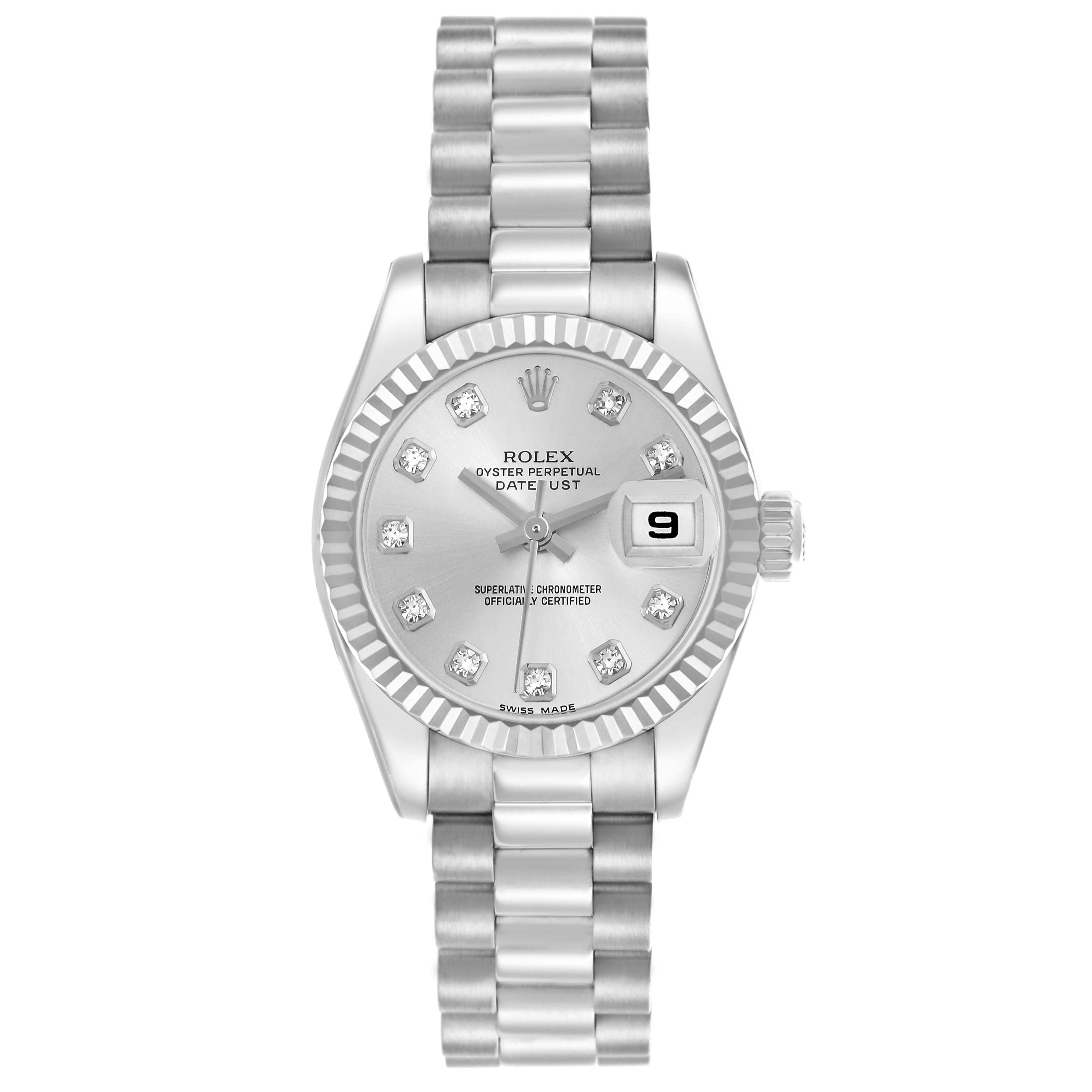 The Rolex President 179179 Women's White Gold Silver Dial 179179 Women's White Gold Silver Dial model watch is shown from the front angle, displaying the dial, bracelet, and fluted bezel.