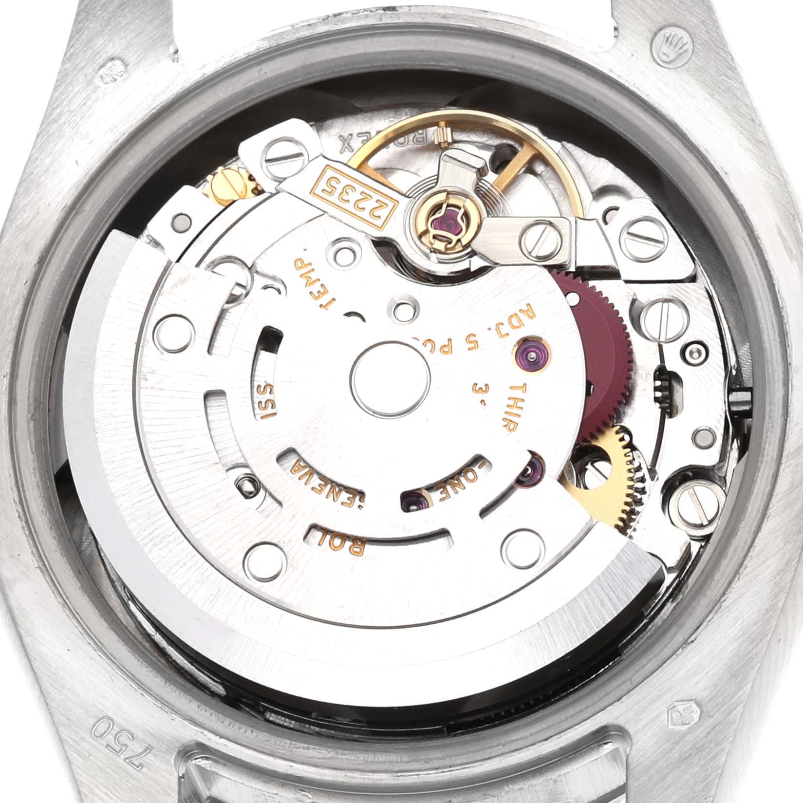 The image shows the internal mechanism of a Rolex President 179179 Women's White Gold Silver Dial 179179 Women's White Gold Silver Dial model watch from a back view, highlighting gears and components.