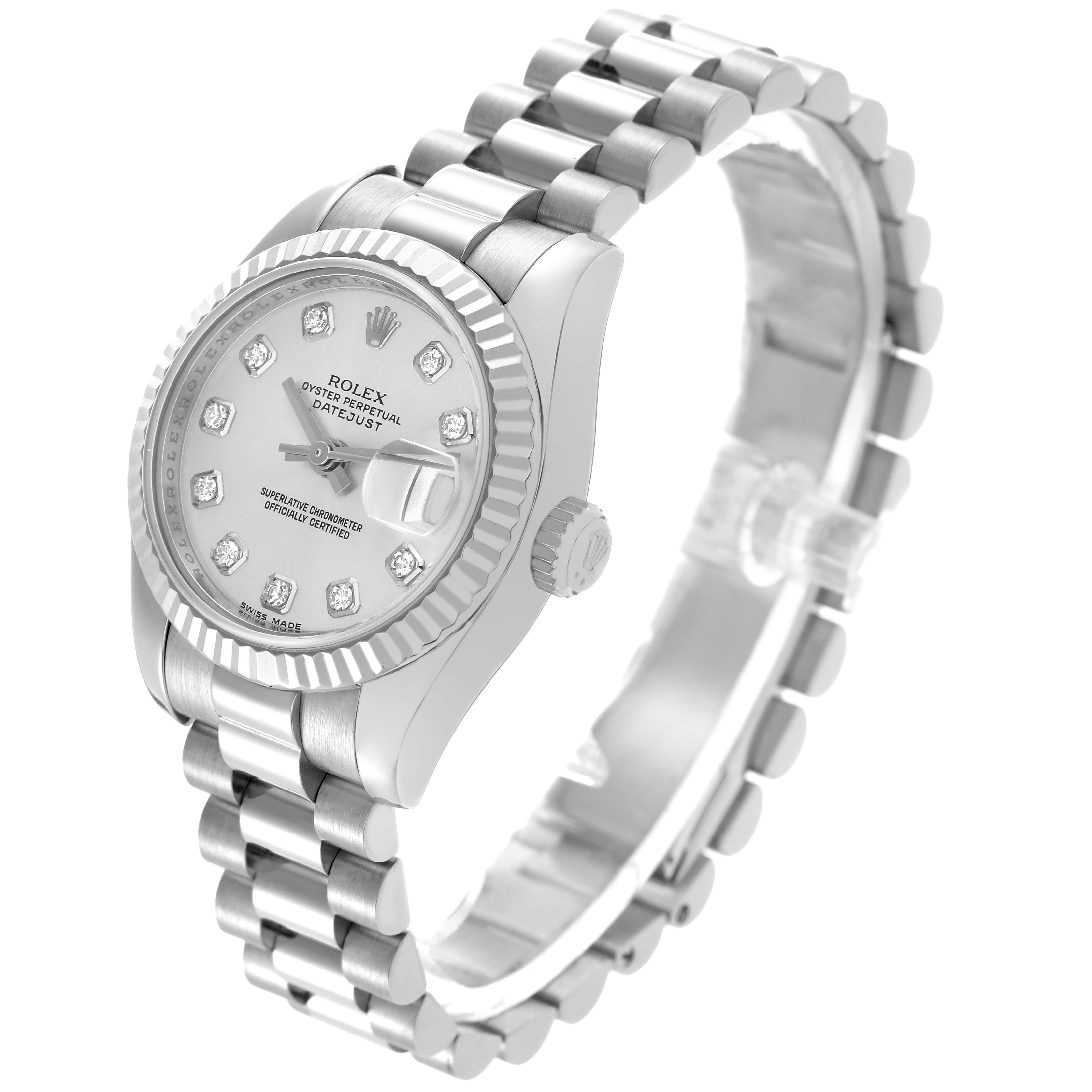 The Rolex President 179179 Women's White Gold Silver Dial 179179 Women's White Gold Silver Dial model is shown at a slight three-quarter angle, displaying its face, diamond markers, bezel, and bracelet.