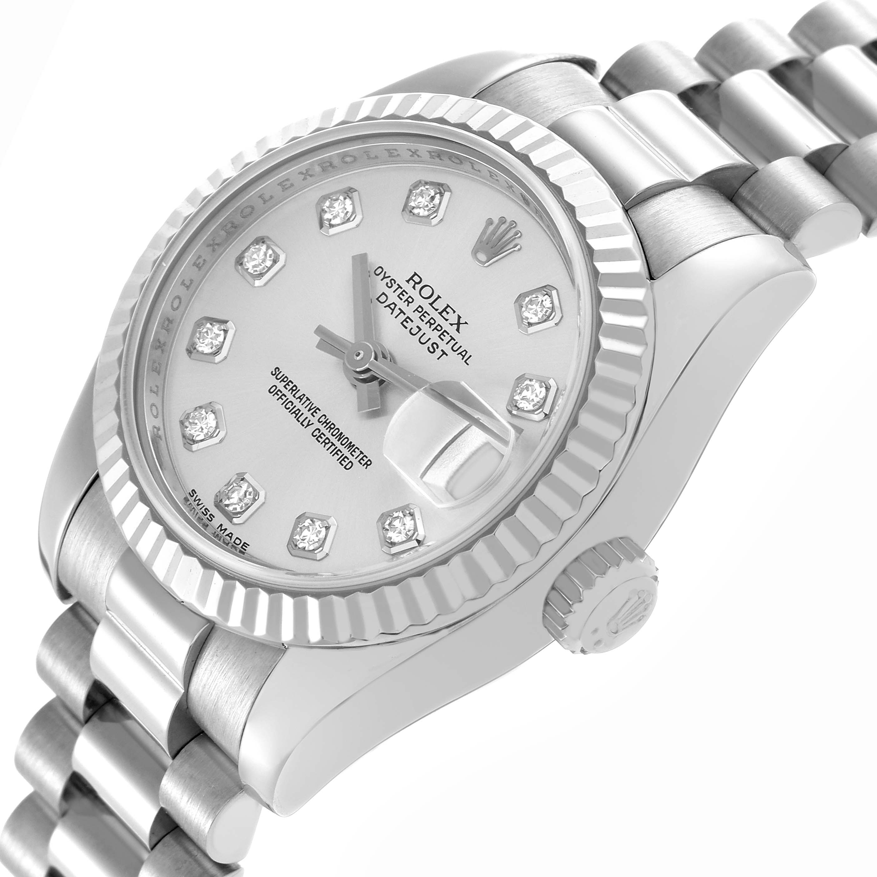 The Rolex President 179179 Women's White Gold Silver Dial 179179 Women's White Gold Silver Dial watch is shown at an angled side view, highlighting the bezel, dial, crown, and bracelet links.