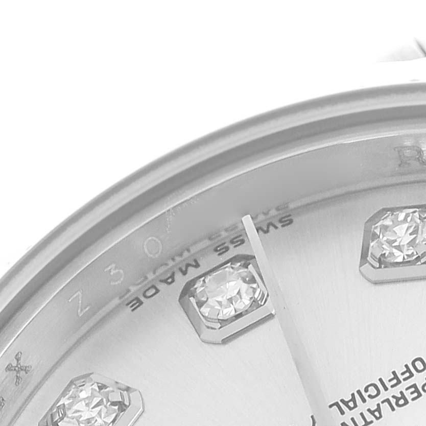 The image shows a close-up of the dial with diamond markers and part of the bezel of a Rolex President 179179 Women's White Gold Silver Dial 179179 Women's White Gold Silver Dial model watch.