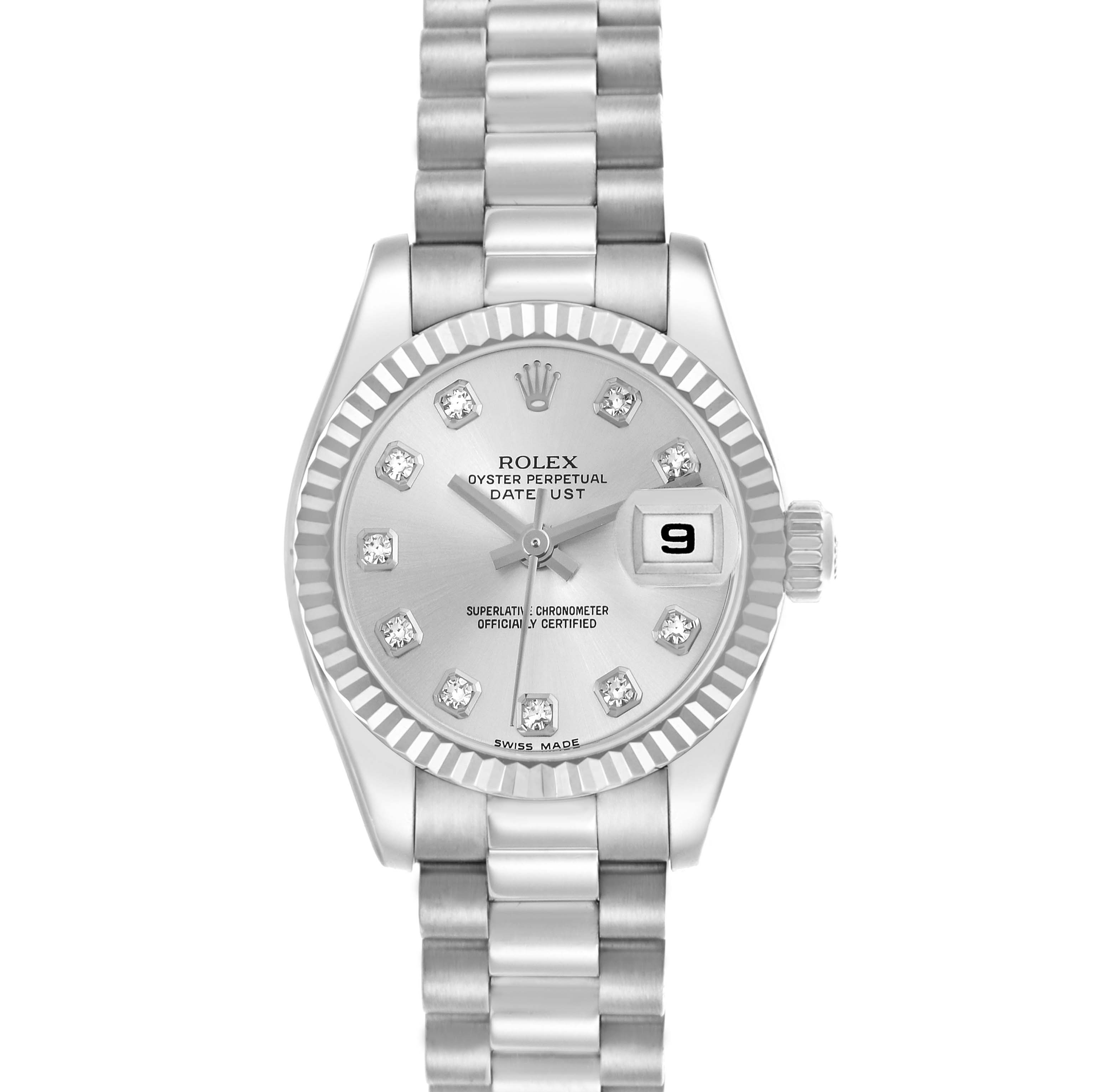 The Rolex President 179179 Women's White Gold Silver Dial 179179 Women's White Gold Silver Dial model watch is shown from the front, displaying the dial, bezel, hands, date window, and part of the bracelet.