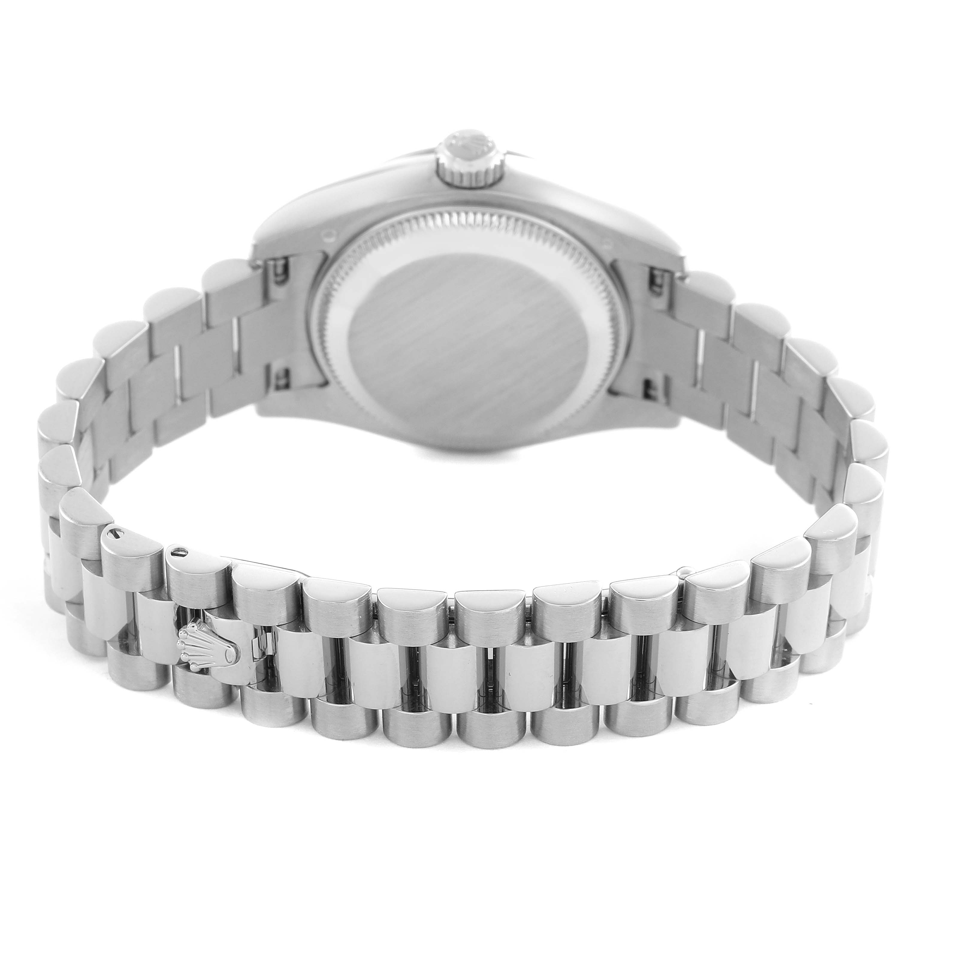 The image shows the back of a Rolex President 179179 Women's White Gold Silver Dial 179179 Women's White Gold Silver Dial model, highlighting the case back and bracelet.