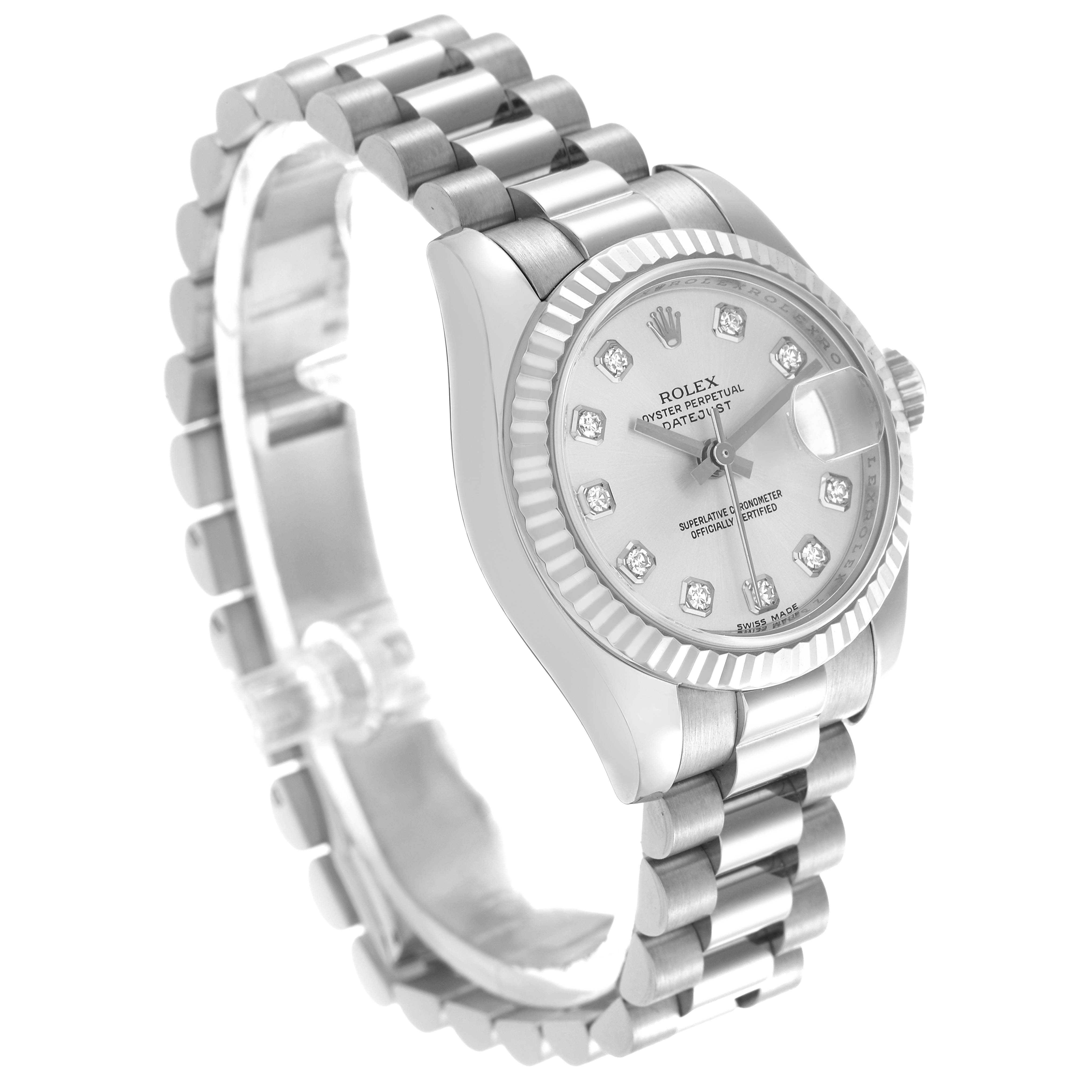 The Rolex President 179179 Women's White Gold Silver Dial 179179 Women's White Gold Silver Dial model is shown at a three-quarter angle, displaying the bracelet, bezel, and dial with diamond markers.