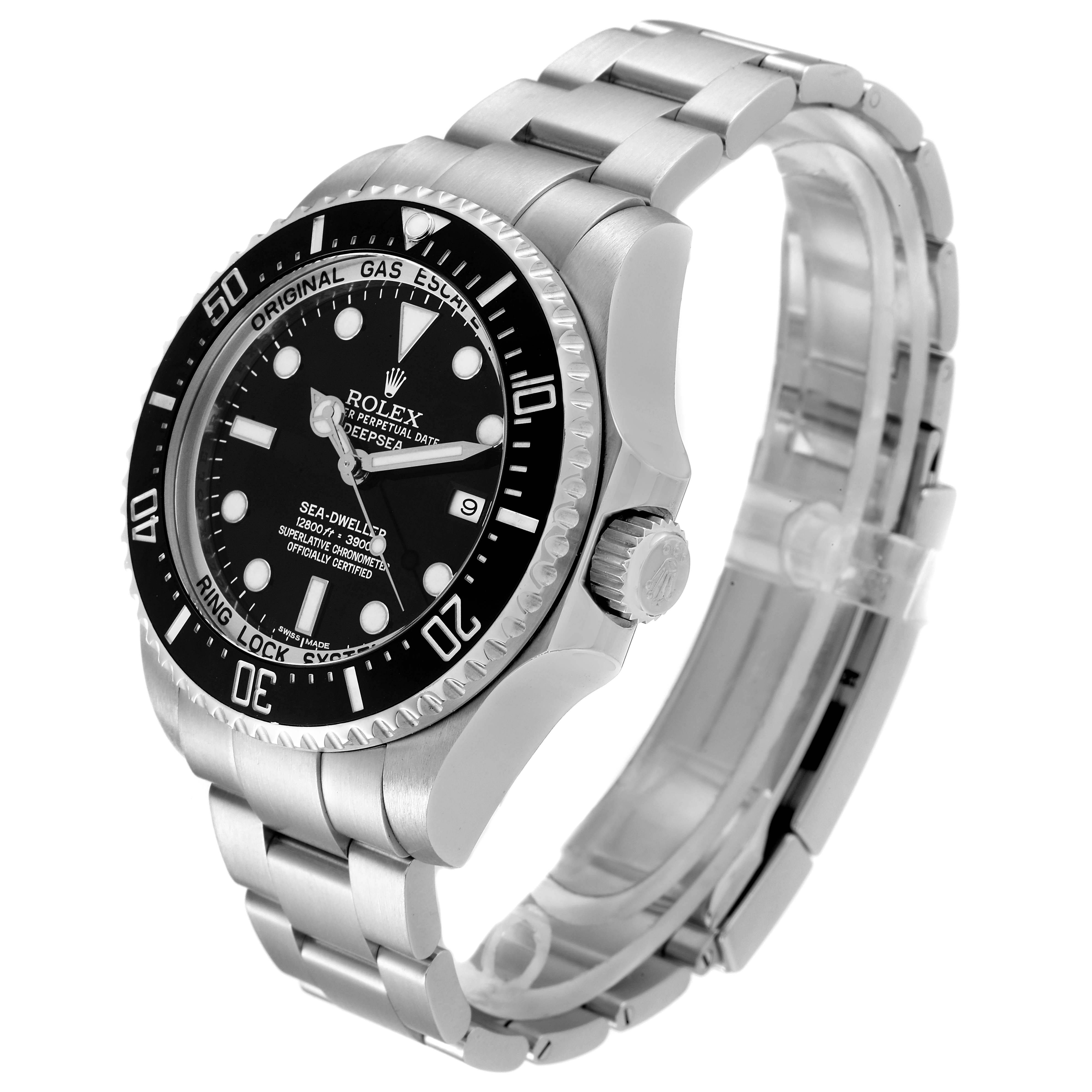 The image shows a side view of the Rolex Sea-Dweller 116660 Men's Stainless Steel Black Dial 116660 Men's Stainless Steel Black Dial watch, highlighting its face, bezel, crown, and stainless steel bracelet.