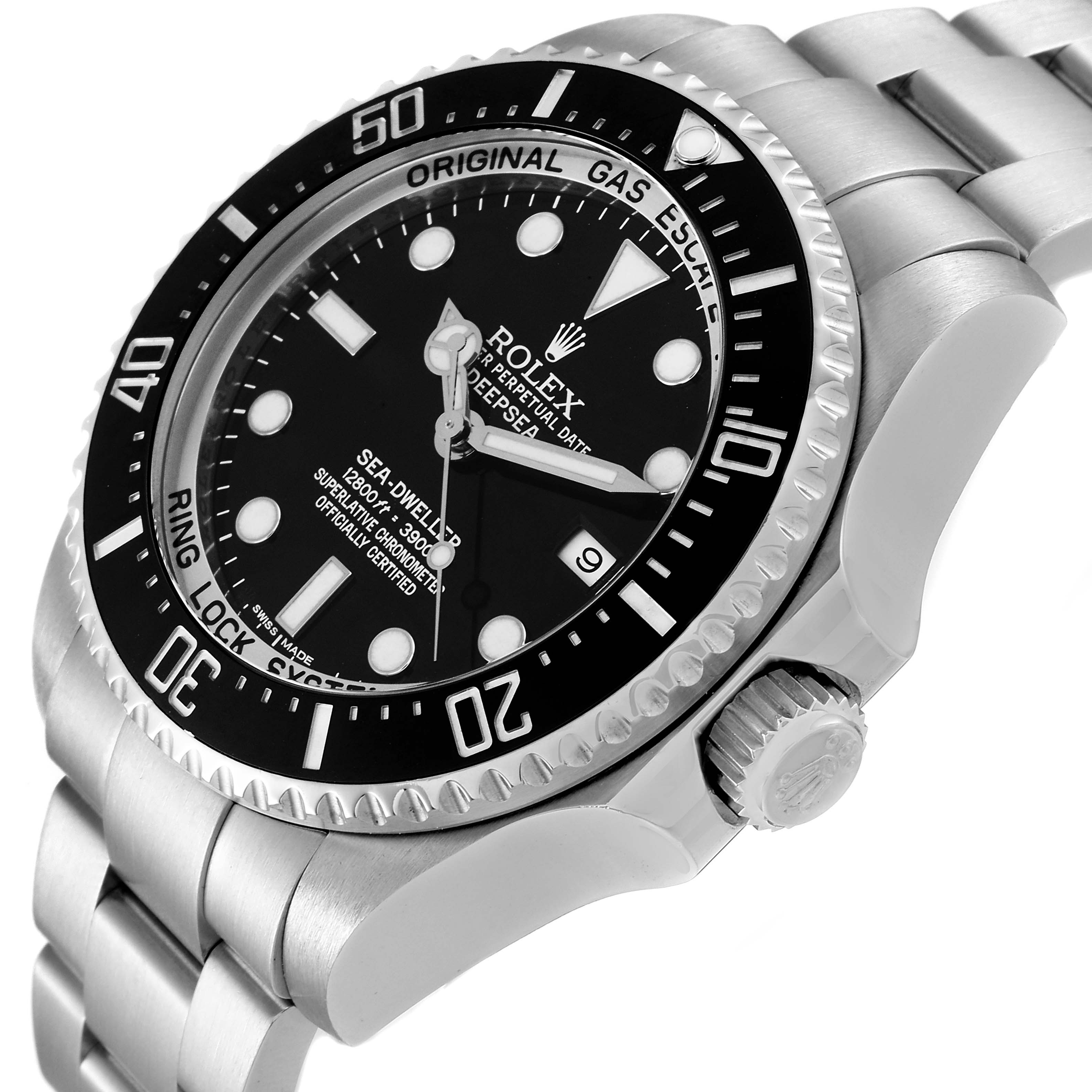 The image shows a side and front angle of a Rolex Sea-Dweller 116660 Men's Stainless Steel Black Dial 116660 Men's Stainless Steel Black Dial watch, highlighting the bezel, dial, crown, and part of the bracelet.