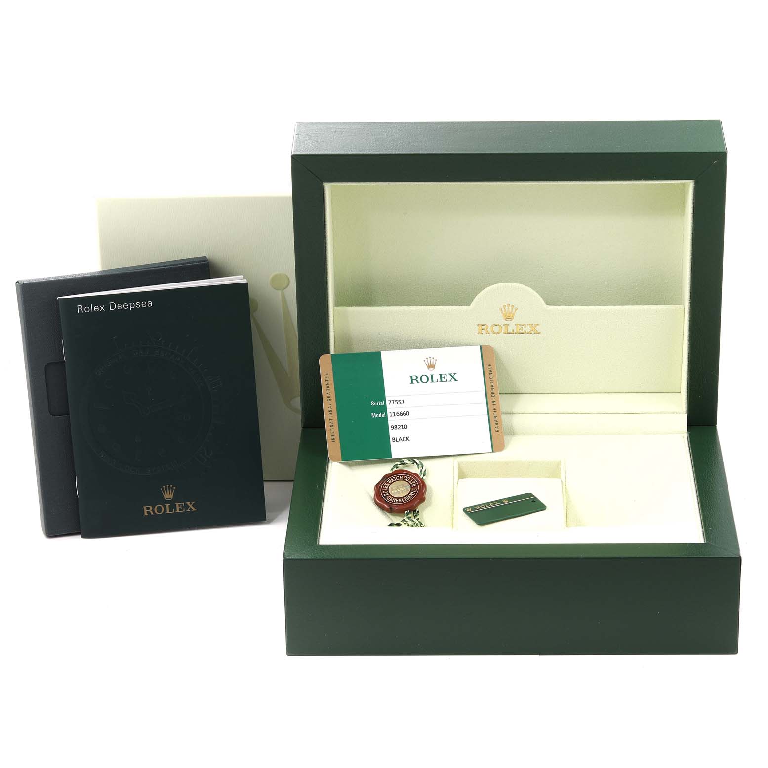 The image shows the packaging, booklets, tags, and authentication card for a Rolex Sea-Dweller 116660 Men's Stainless Steel Black Dial 116660 Men's Stainless Steel Black Dial watch, with no watch visible.