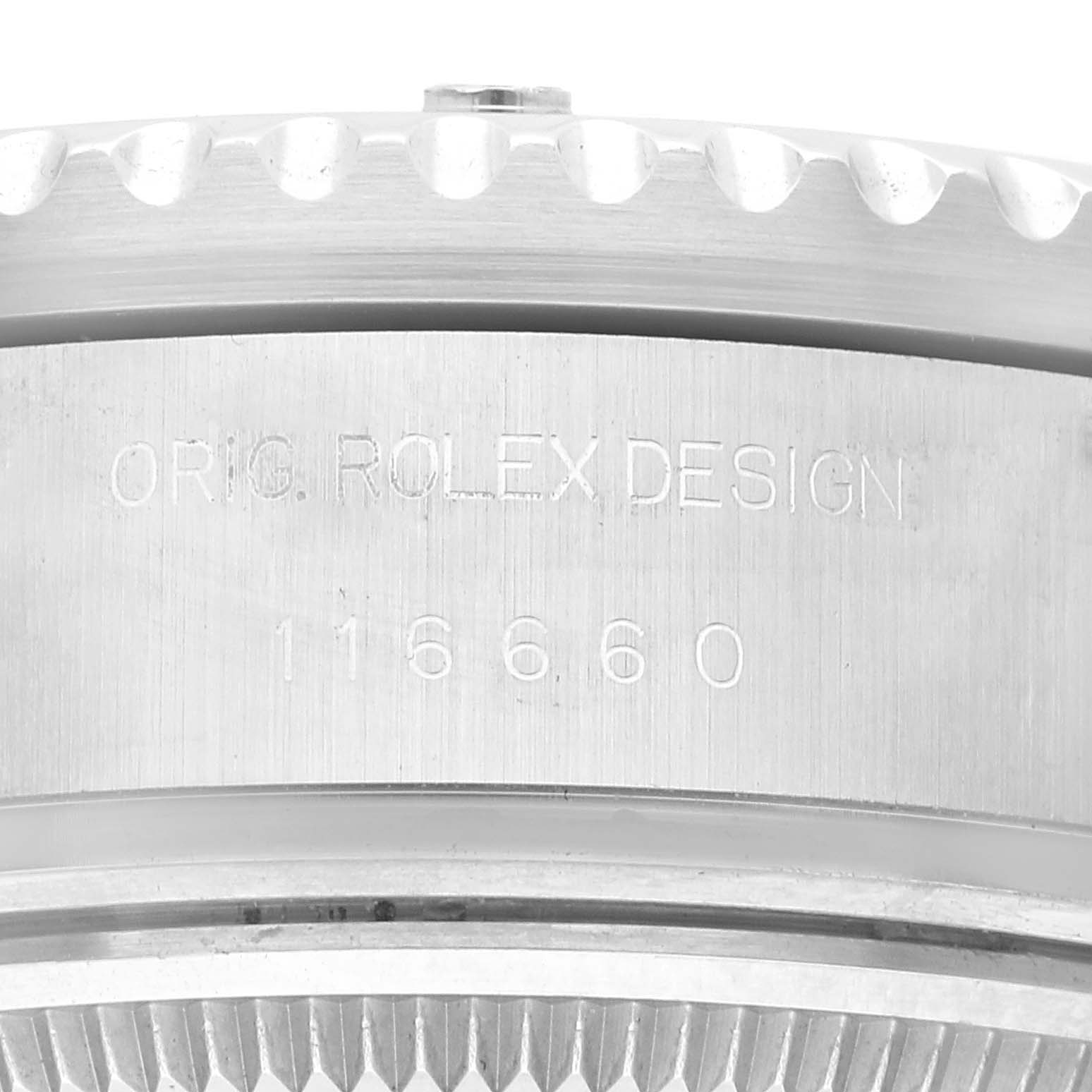 Close-up of the side of the Rolex Sea-Dweller 116660 Men's Stainless Steel Black Dial 116660 Men's Stainless Steel Black Dial, displaying the engraved text "ORIG. ROLEX DESIGN 116660."