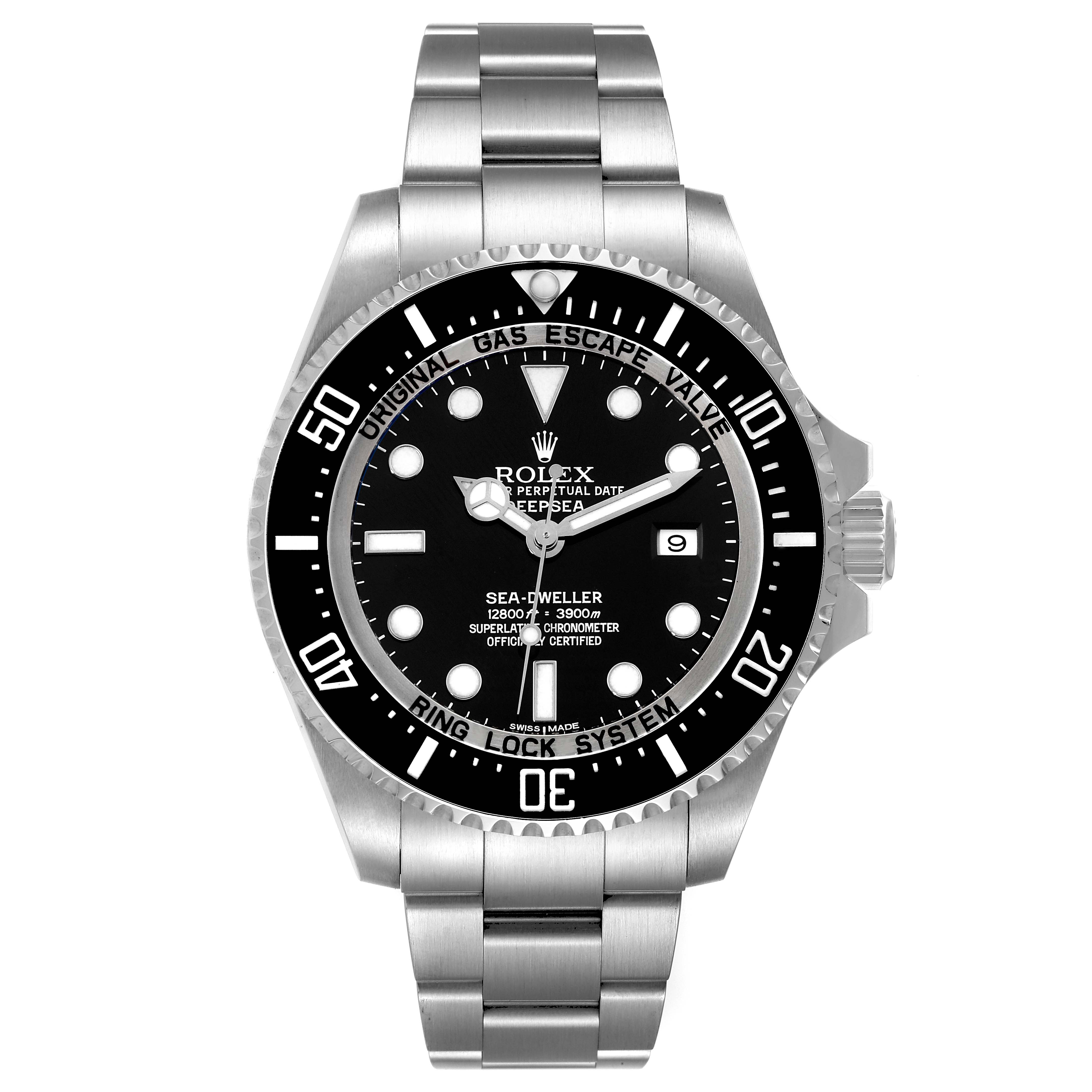 The image shows a frontal view of the Rolex Sea-Dweller 116660 Men's Stainless Steel Black Dial 116660 Men's Stainless Steel Black Dial watch, displaying its dial, bezel, and bracelet.