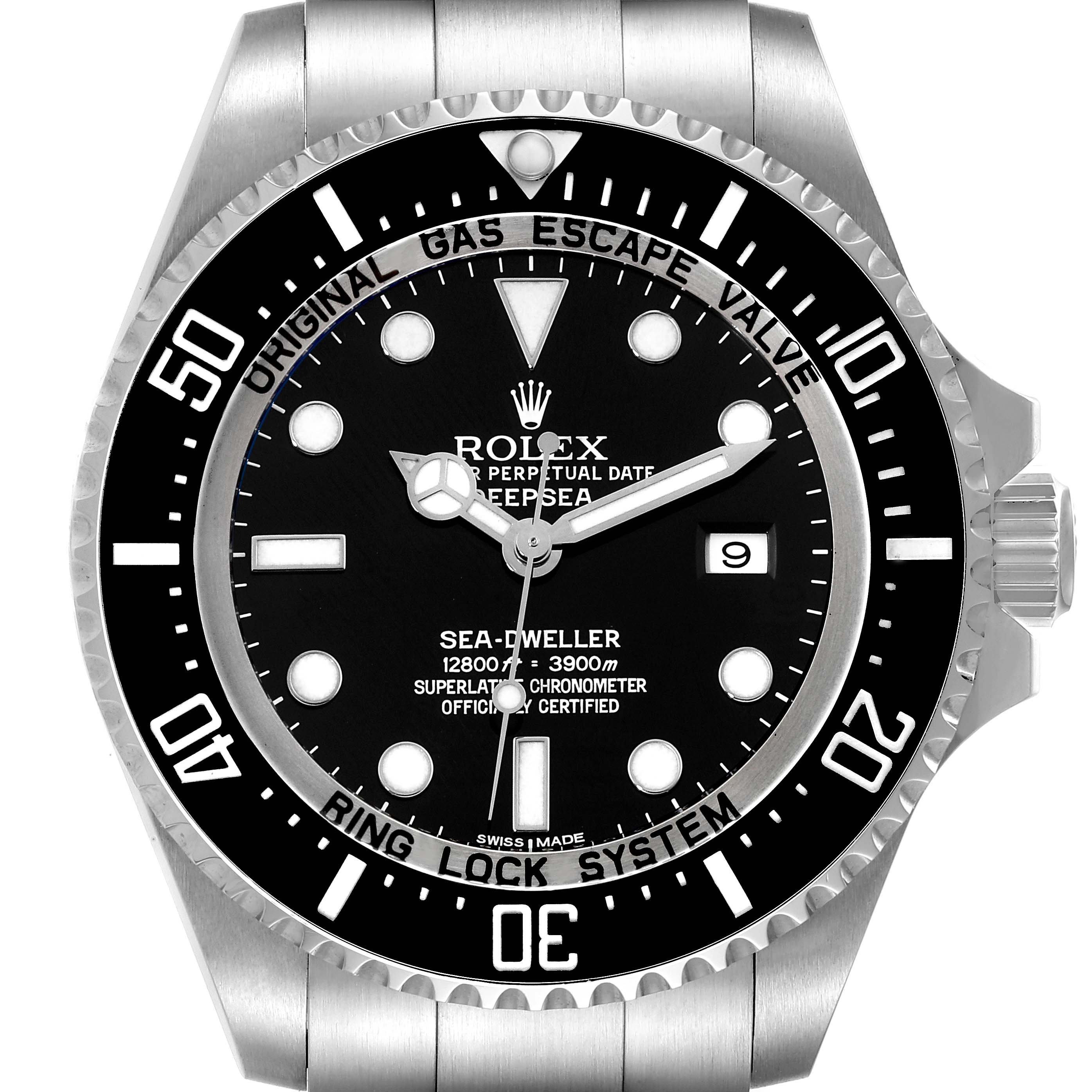 The image shows the front view of the Rolex Sea-Dweller 116660 Men's Stainless Steel Black Dial 116660 Men's Stainless Steel Black Dial watch, highlighting the dial, bezel, and part of the bracelet.