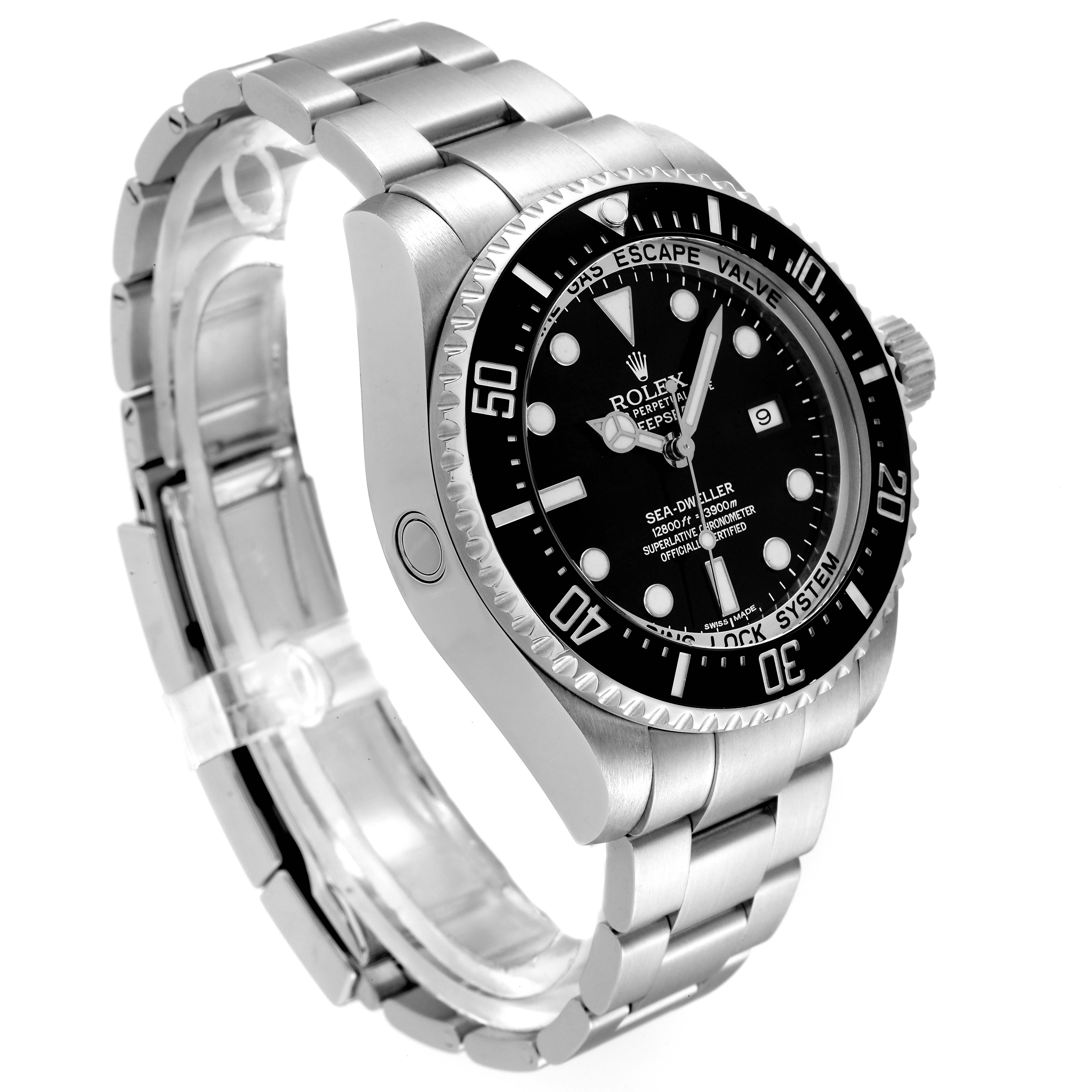 The image shows the Rolex Sea-Dweller 116660 Men's Stainless Steel Black Dial 116660 Men's Stainless Steel Black Dial watch from a front-angle, highlighting its dial, casing, bezel, and bracelet.