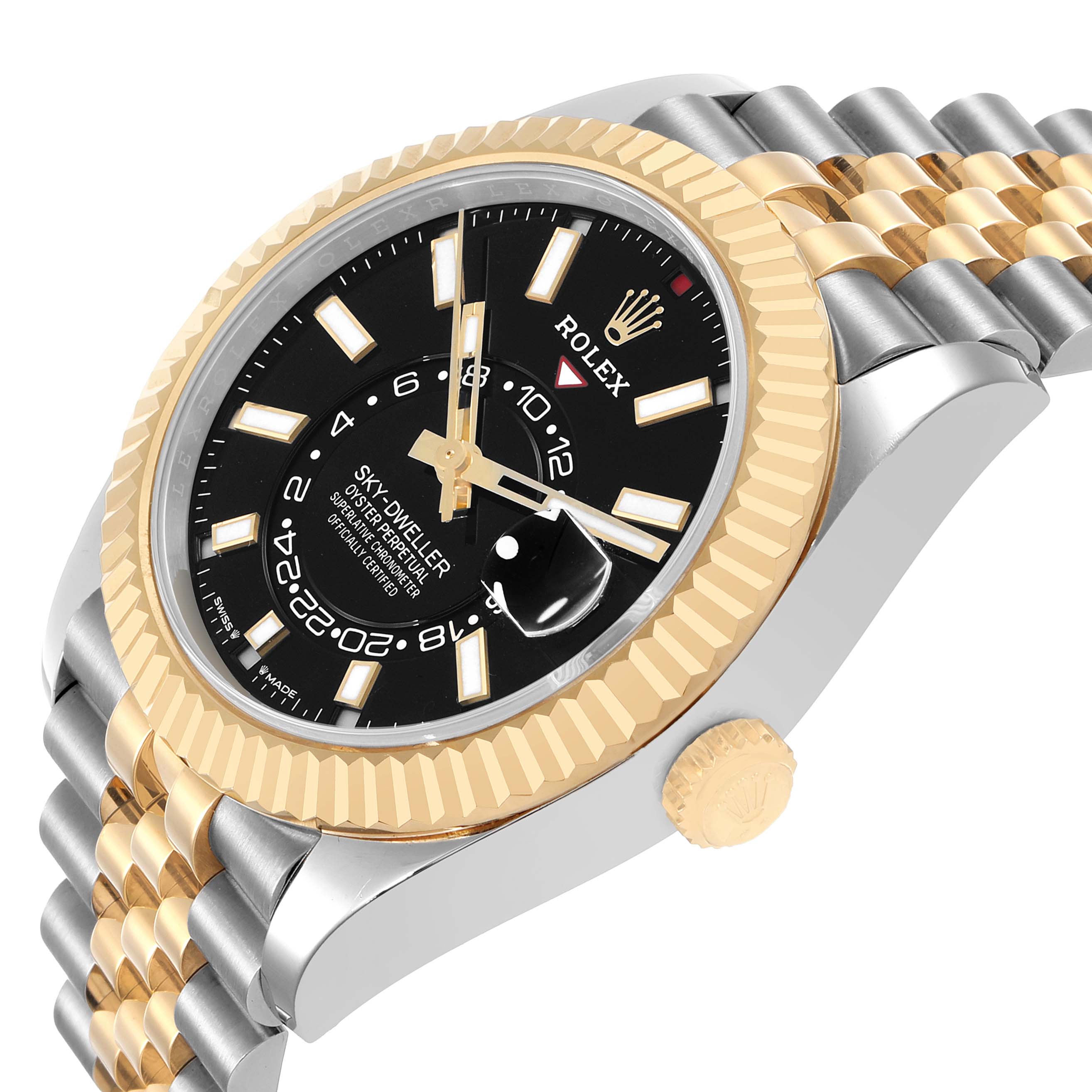 The Rolex Sky-Dweller 336933 Men's Steel and Gold (two tone) Black Dial is shown at an angled view highlighting the face, bezel, crown, and two-tone bracelet.