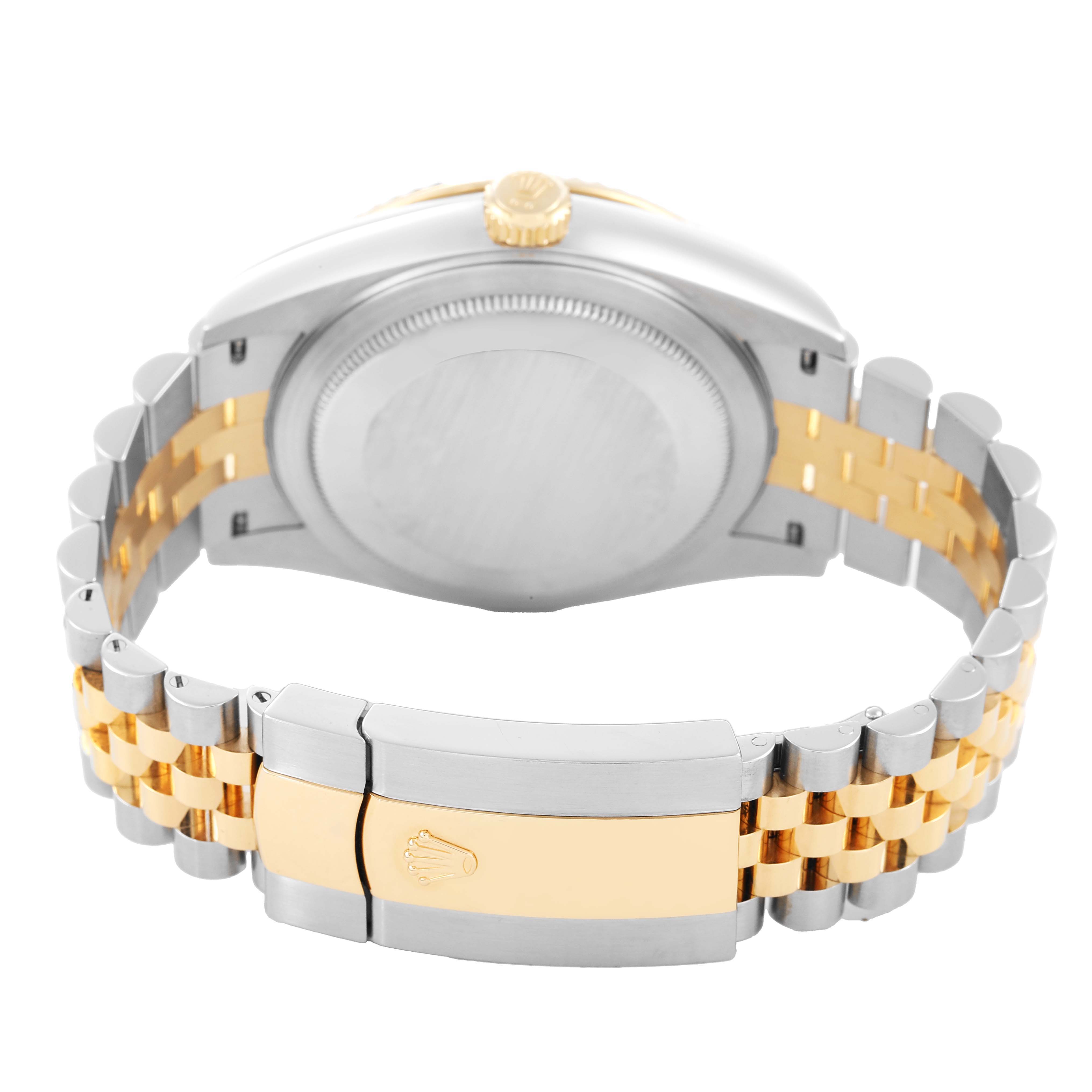 The image shows the back and clasp of a Rolex Sky-Dweller 336933 Men's Steel and Gold (two tone) Black Dial, highlighting its two-tone bracelet and case back.