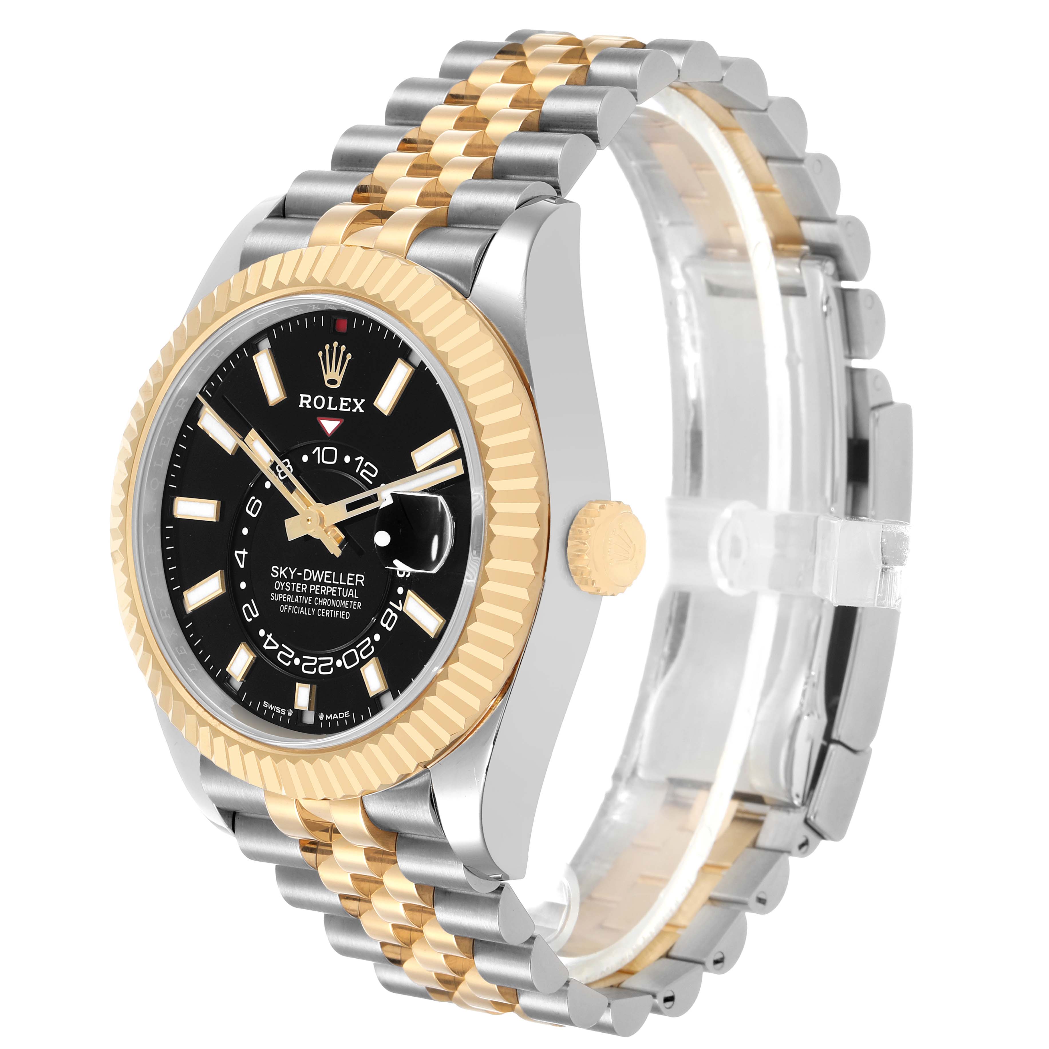 The Rolex Sky-Dweller 336933 Men's Steel and Gold (two tone) Black Dial watch is shown at a front and slight side angle, highlighting the bezel, dial, crown, and bracelet.