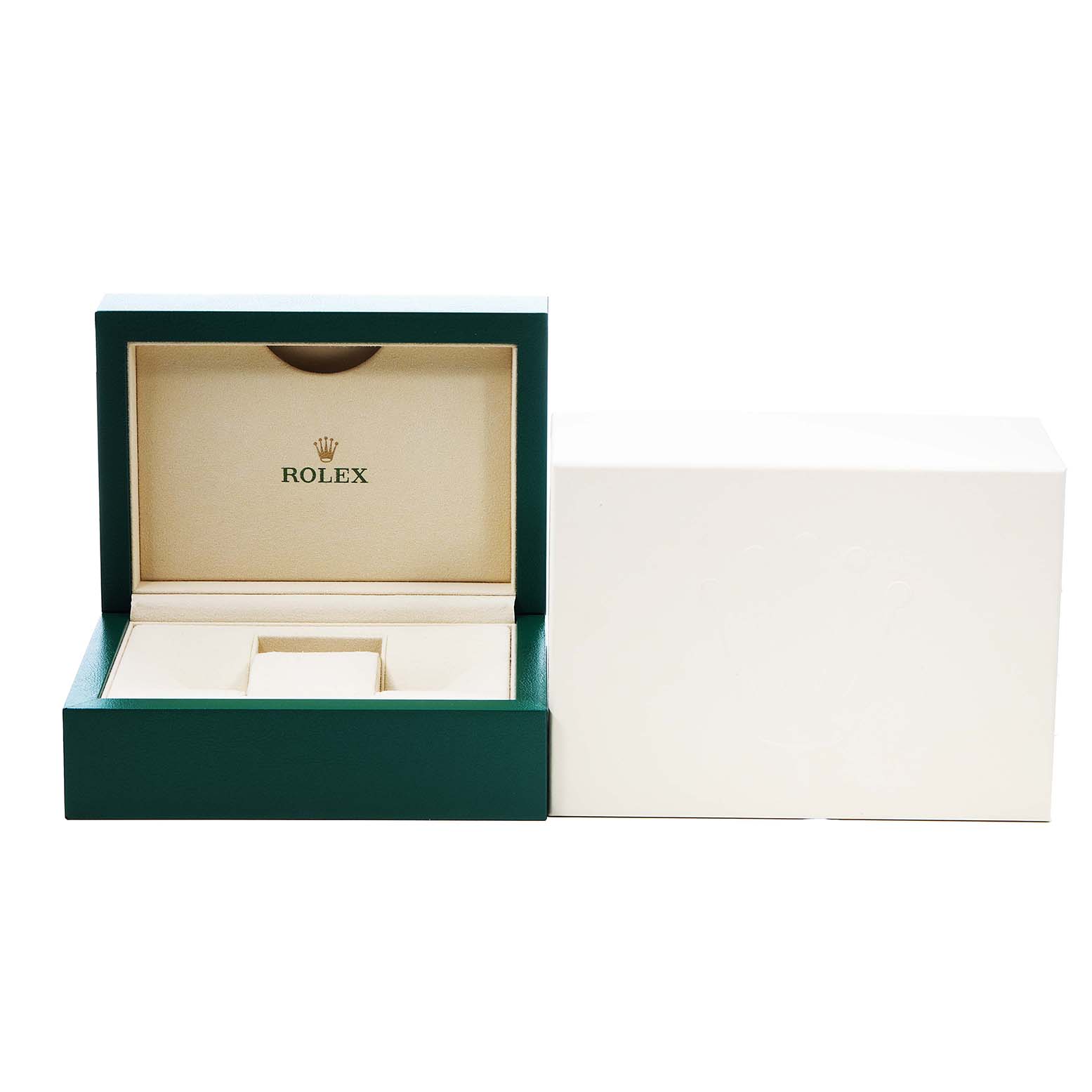 The image shows a Rolex Sky-Dweller 336933 Men's Steel and Gold (two tone) Black Dial watch box open, with the brand logo inside and an outer white box beside it.