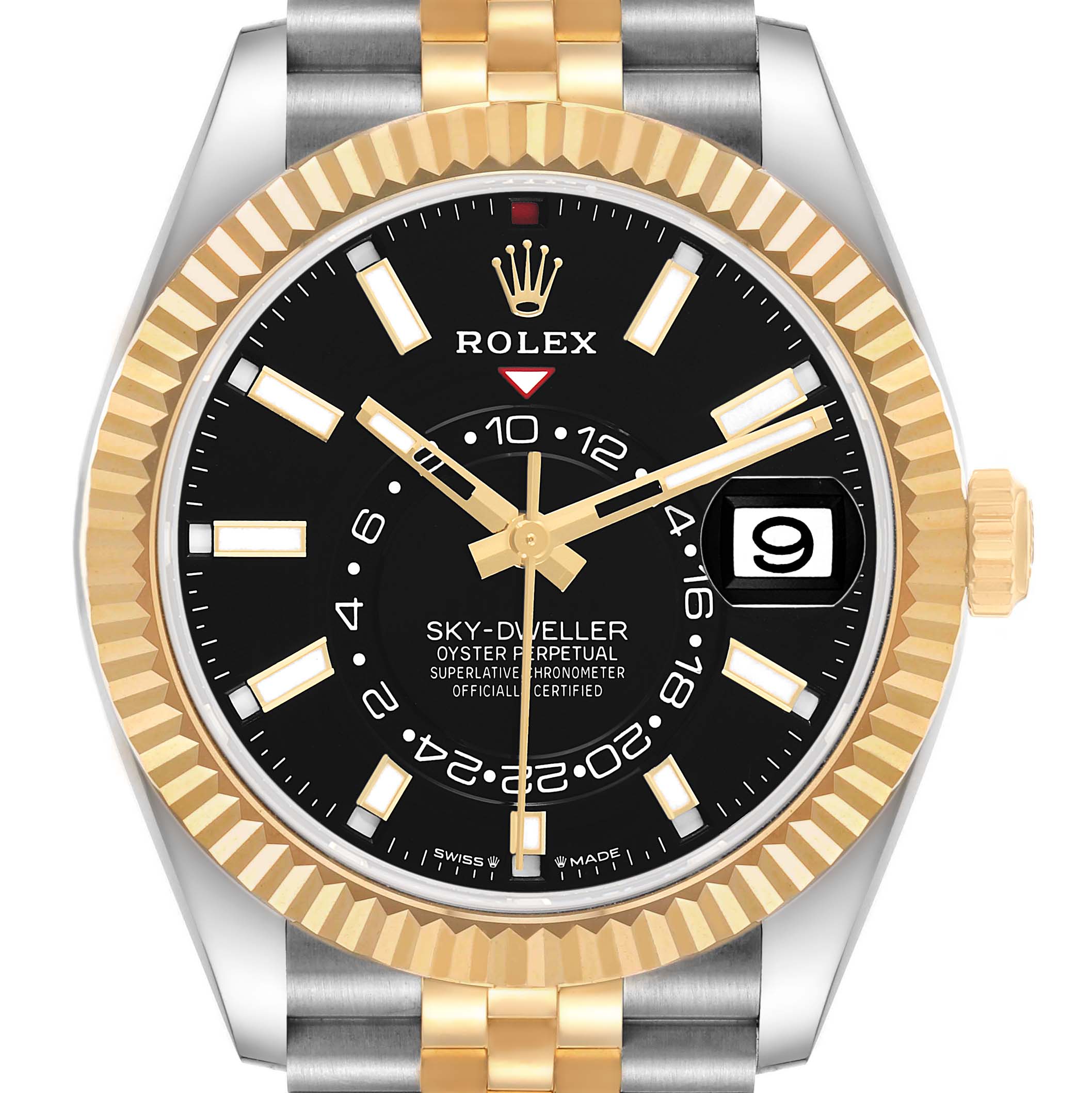 The Rolex Sky-Dweller 336933 Men's Steel and Gold (two tone) Black Dial watch is shown from the front, featuring a black dial, gold bezel, and date window.