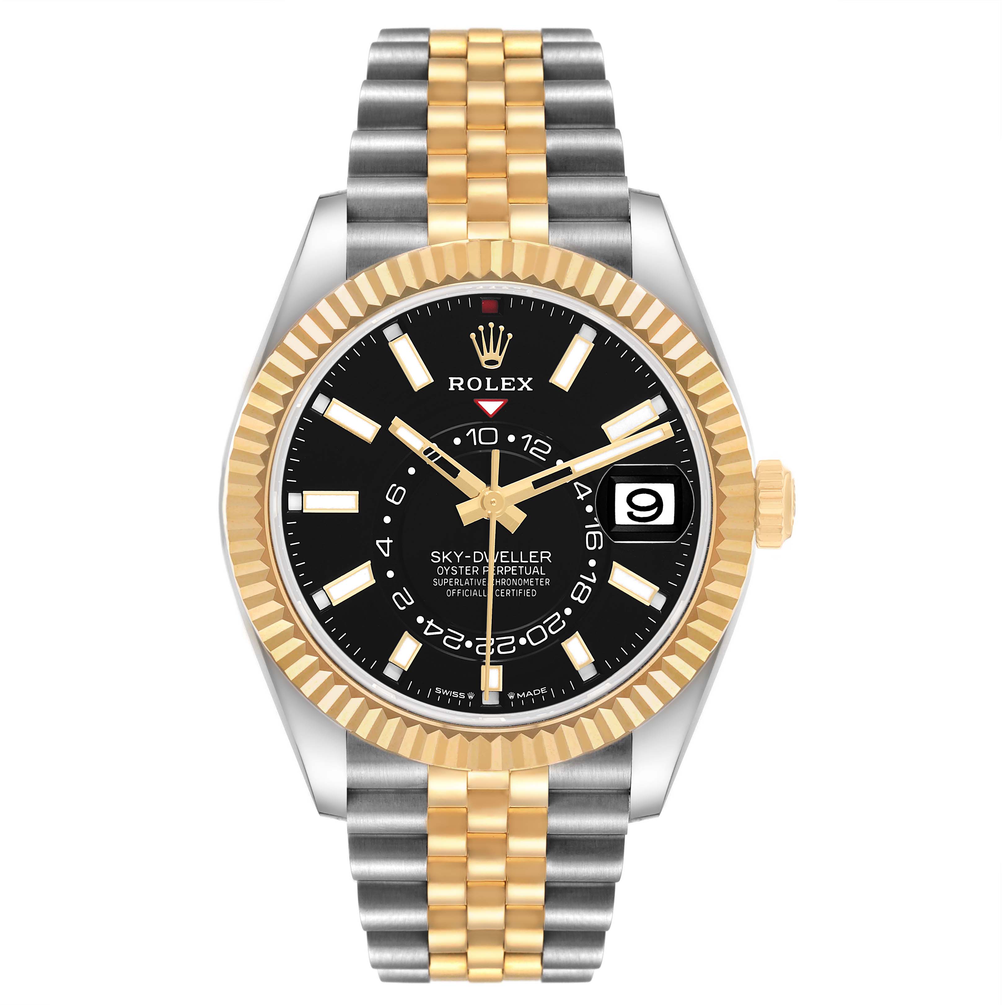 The Rolex Sky-Dweller 336933 Men's Steel and Gold (two tone) Black Dial watch is shown from the front, highlighting its two-tone design, black dial, fluted bezel, and dual time display.