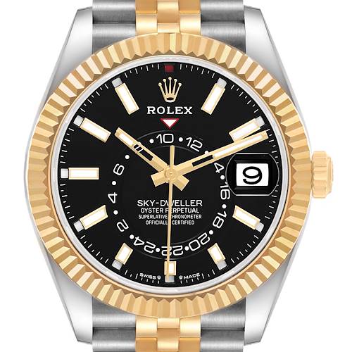 The Rolex Sky-Dweller 336933 Men's Steel and Gold (two tone) Black Dial watch is shown from the front, highlighting its dual-tone bezel, dial, hands, and date window.